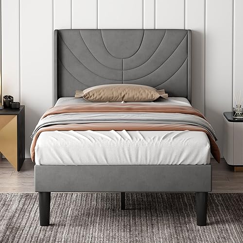 Miniatura 97 de VECELO Base de cama tamaño matrimonial tapizada con cabecera de tela, soporte de listones de madera, no necesita somier, base de colchón, color