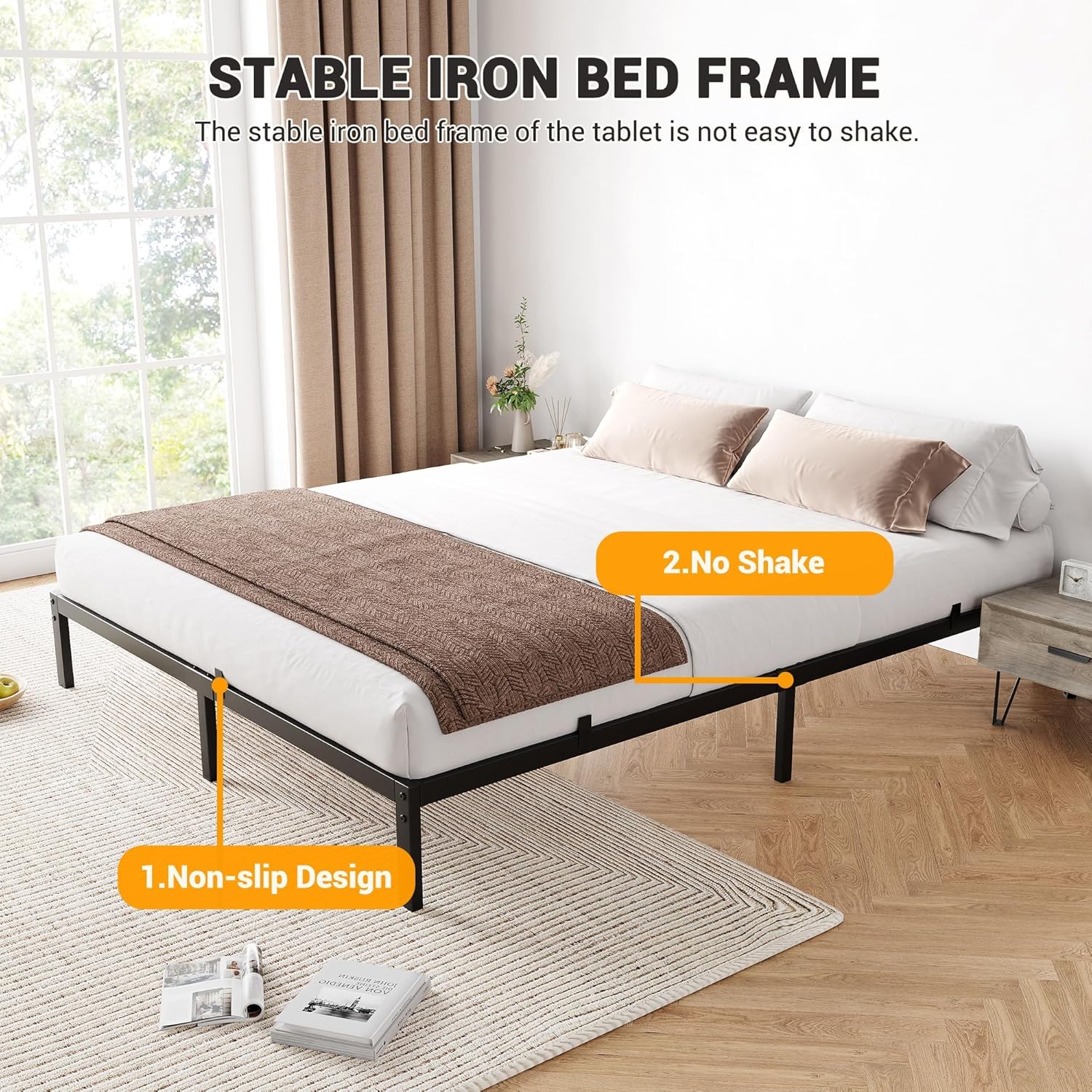 6 Inch Califonia King Bed Frame, Metal Platform Bed Frame with Sturdy Heavy Duty and 6 Non-Slip Mattress, Bed Frame with Reserved Holes for DIY Headboard, Storage Space Under The Bed,Noise Free