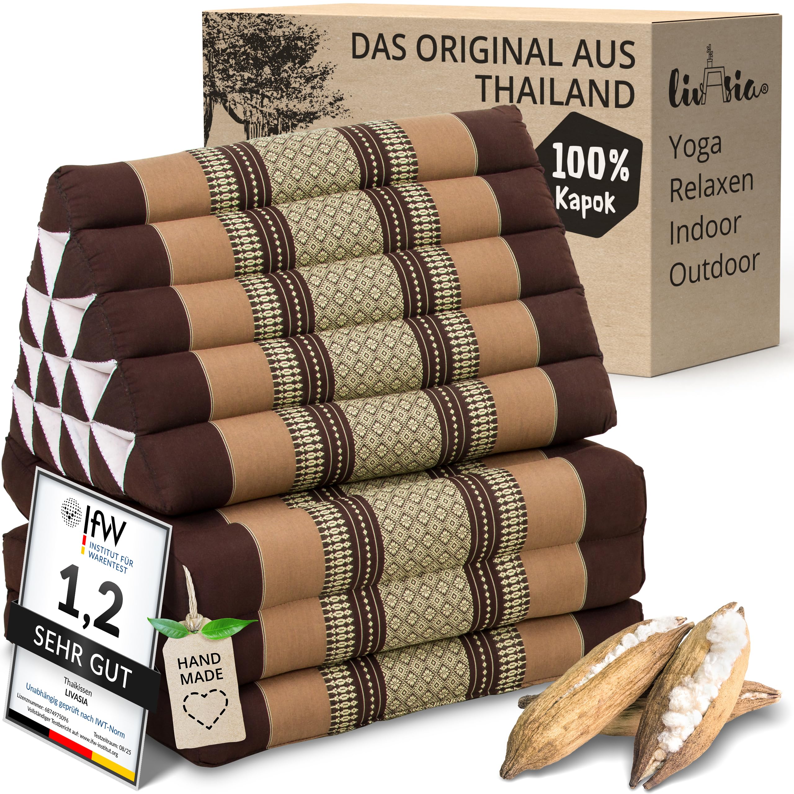 livasia Thaikissen 3 Auflagen extrahoch - 185x55x8cm - Dreieckskissen mit Klappmatratze, Kapok, Jumbo Rückenkissen faltbar, Thaimatte Klappen, handgefertigt, Meditationskissen (Braun)