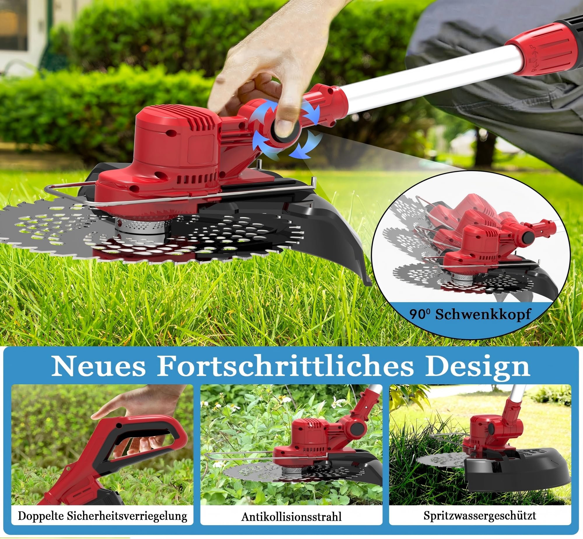 TerraKraft 21 V Rasentrimmer mit Akku, Rasentrimmer mit Unkrautbürste. 750w Bürstenloser Motor, 180° Collapsible, Die Teleskophöhe ca 95 cm - 145 cm, 90° Trimmwinkel(Inkl2 x 4,0Ah Akku)(Rot)