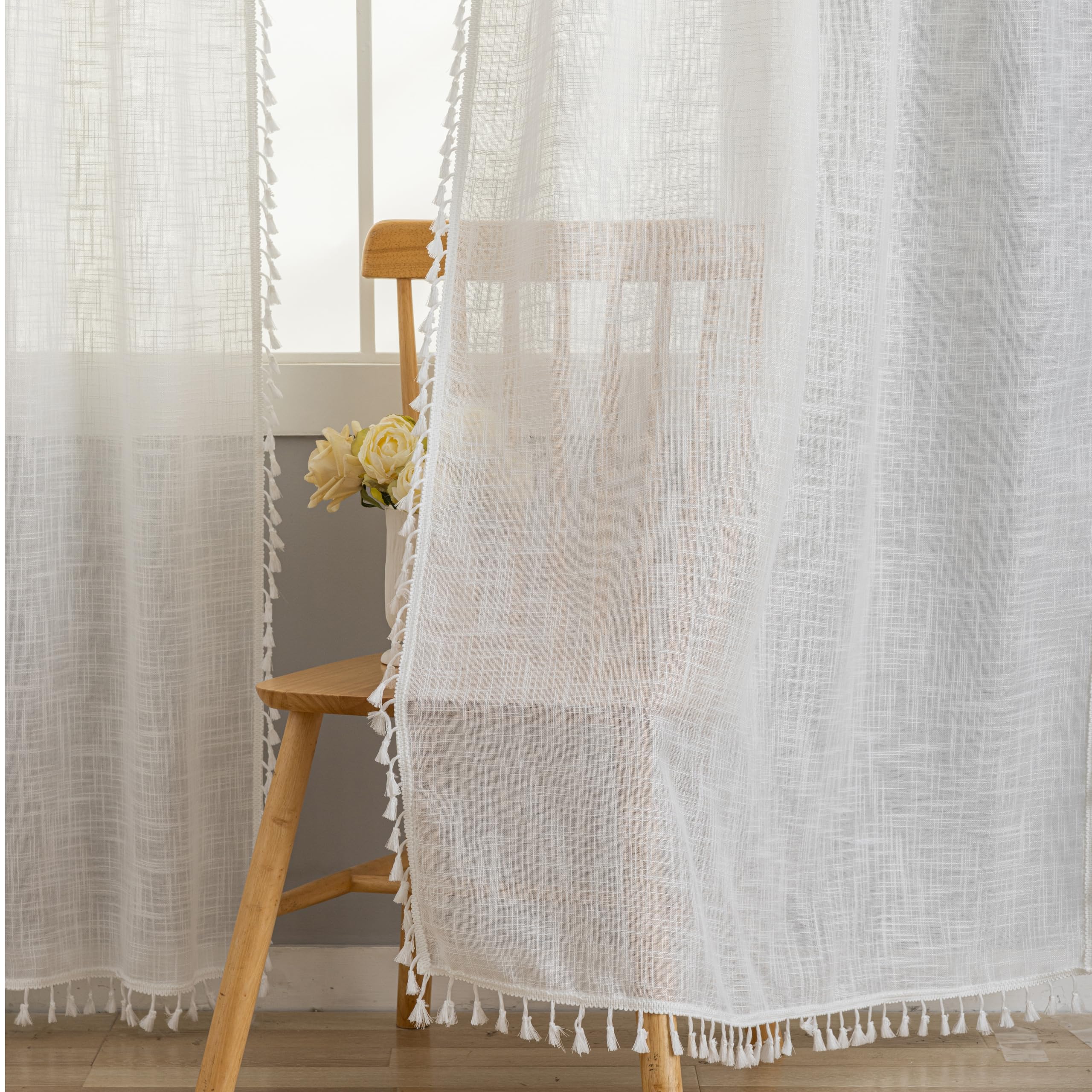 VOILYBIRD 2 cortinas de lino natural blanco mezclado, estilo rústico, para dormitorio, sala de estar, (160 x 140 cm, borlas blancas)