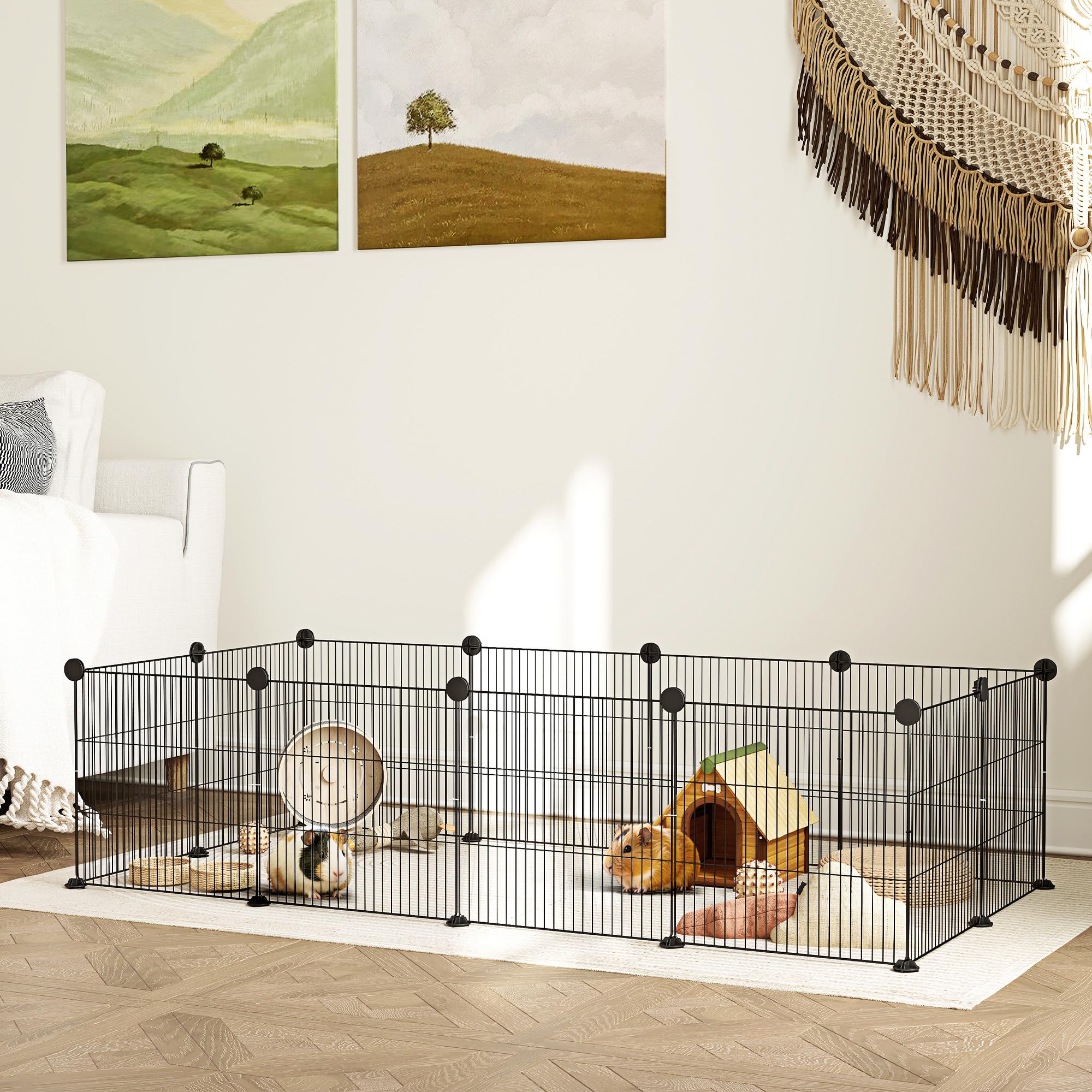 PawHut Valla Metálica para Mascotas con 12 Paneles Diseño DIY Parque Metálico para Animales Pequeños Desmontable para Erizo Conejos 140x70x35 cm Negro