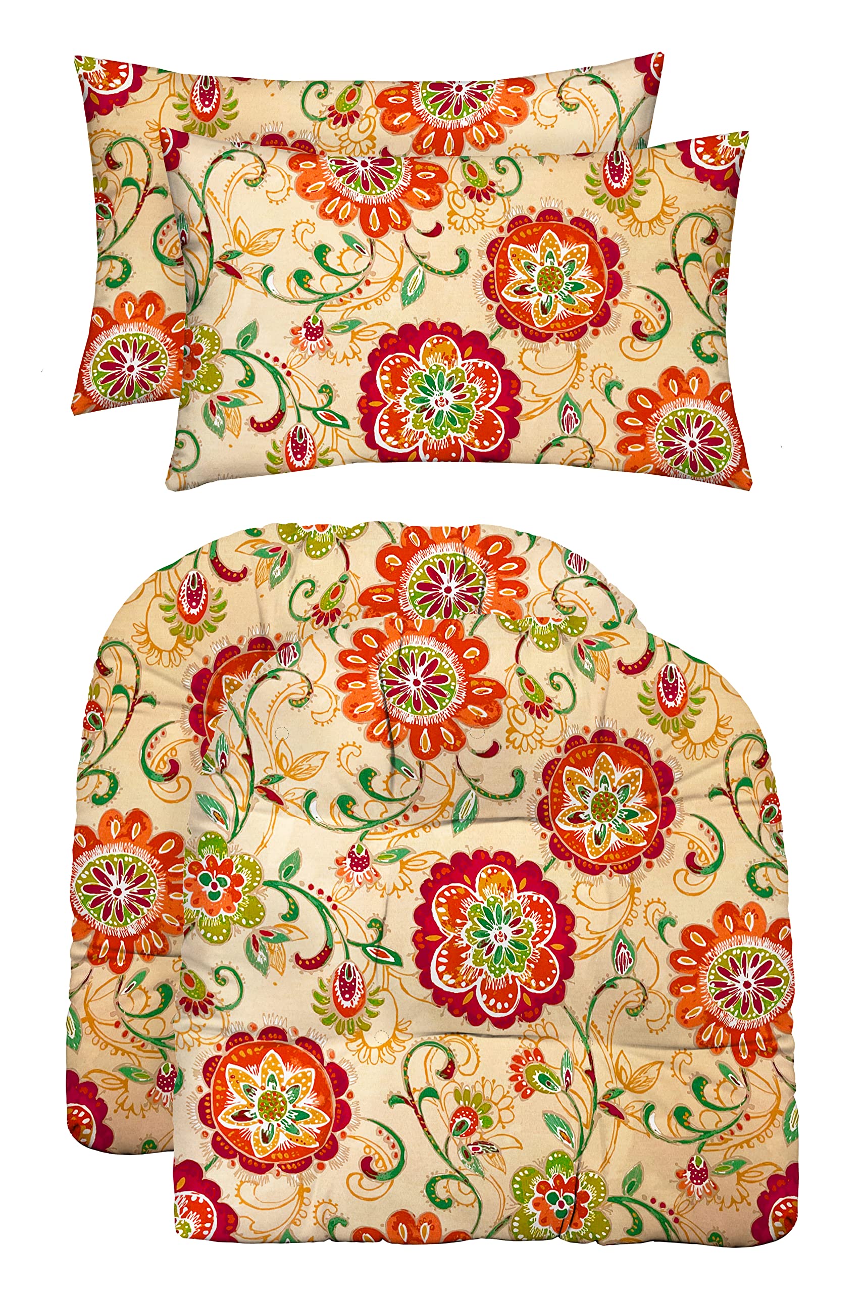 RSH Décor Indoor Outdoor Set of 2 U-Shape Cushions and 2 Lumbar Pillows, (Large, Fanfare Sonoma Cream Floral)
