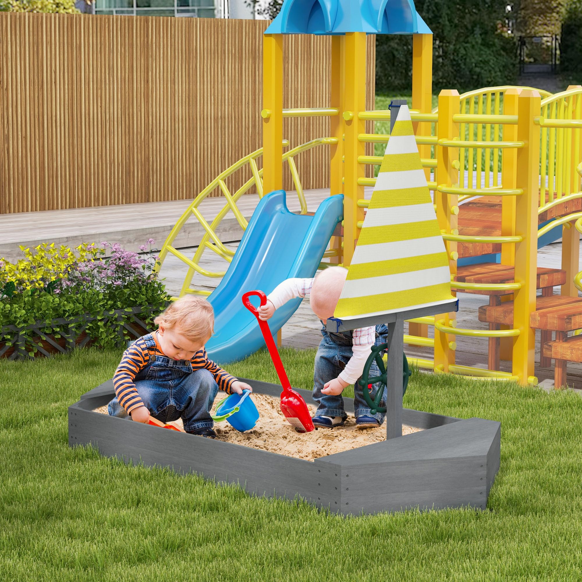 Outsunny Bac à Sable Enfant extérieur en Bois avec sièges, gouvernail | Drapeau, de 3 à 8 ans, capacité de sable 330 kg, gris foncé