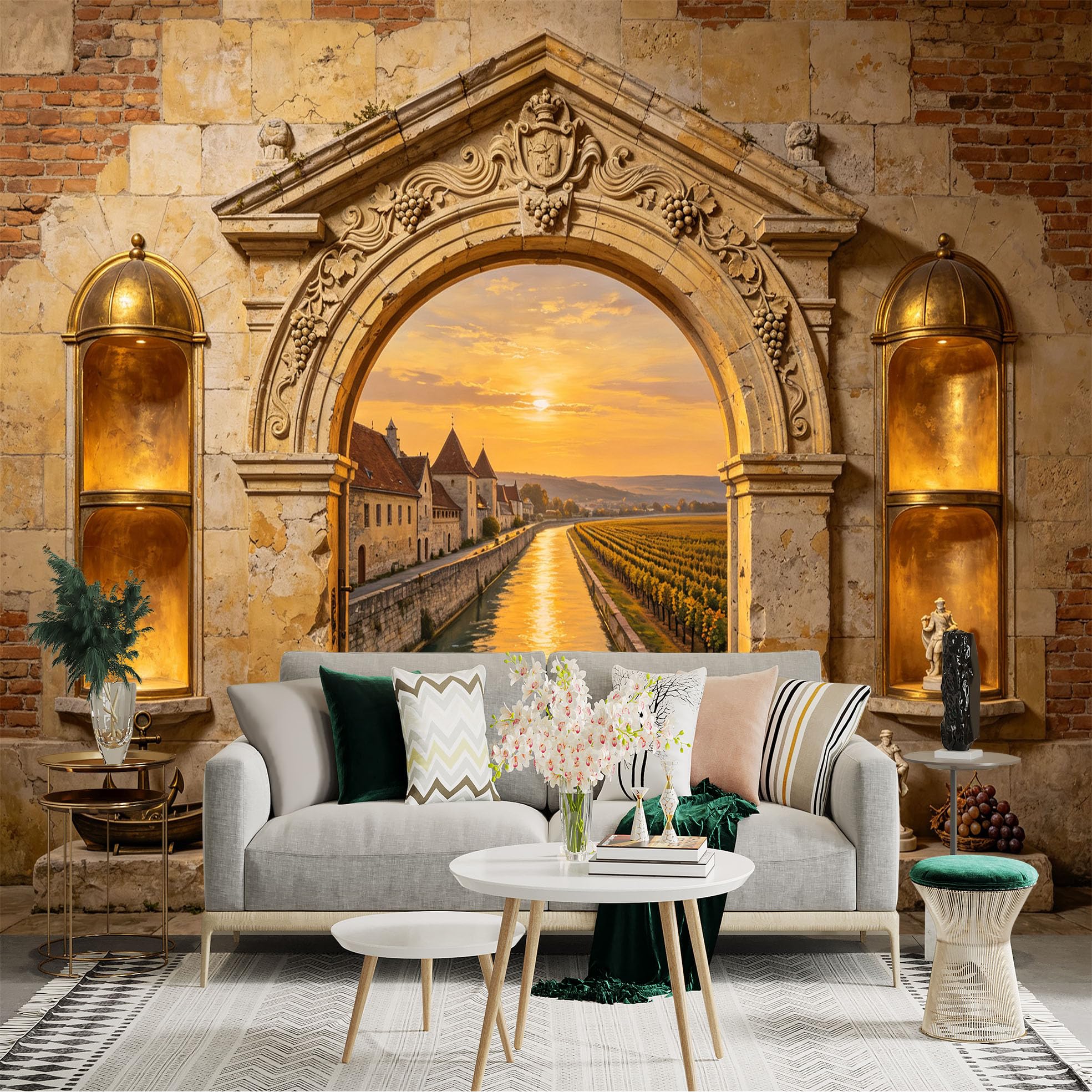 Custom Size Wall Sticker Mural， Vintage Canal Sunset Archway， Rustic Stone Wall and Vineyard View， for wall Decoration， peelandstick wall Decals.
