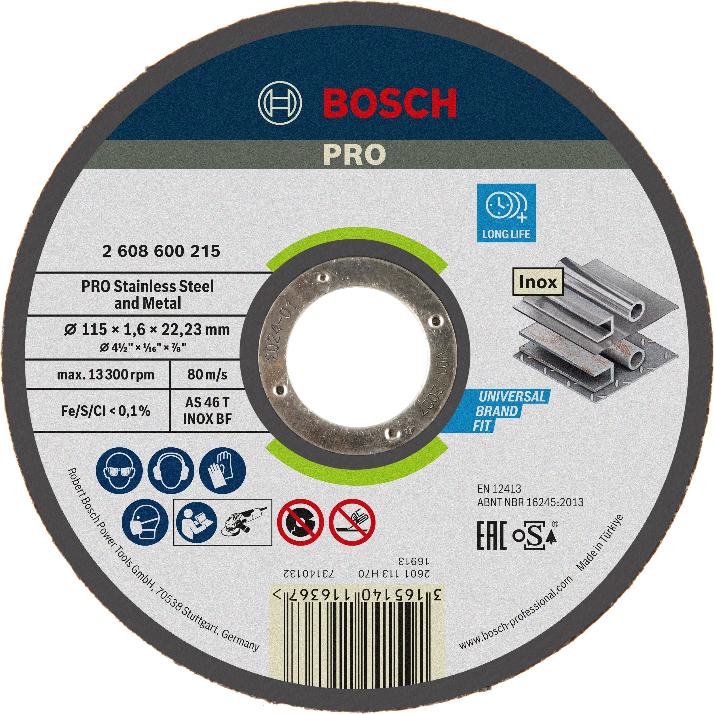 Bosch 1x PRO Stainess Steel and Metal Longlife Cutting Disc for Small Angle Grinder and Bore 22.23 mm (Ø 115 mm, Professional Accessory Small Angle Grinder)