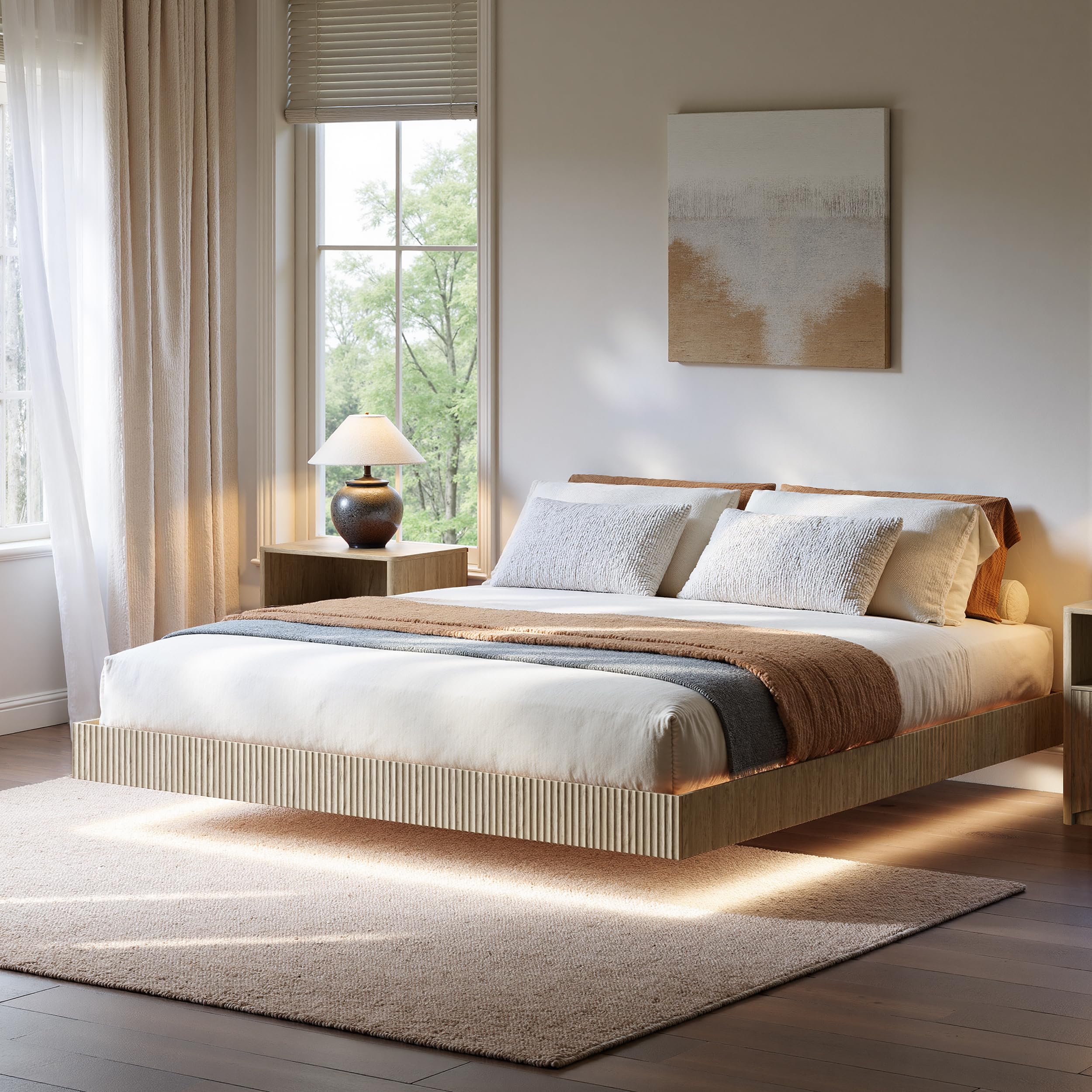 Evermagin 14In High Oak King Floating Bed Frame with led Lights
