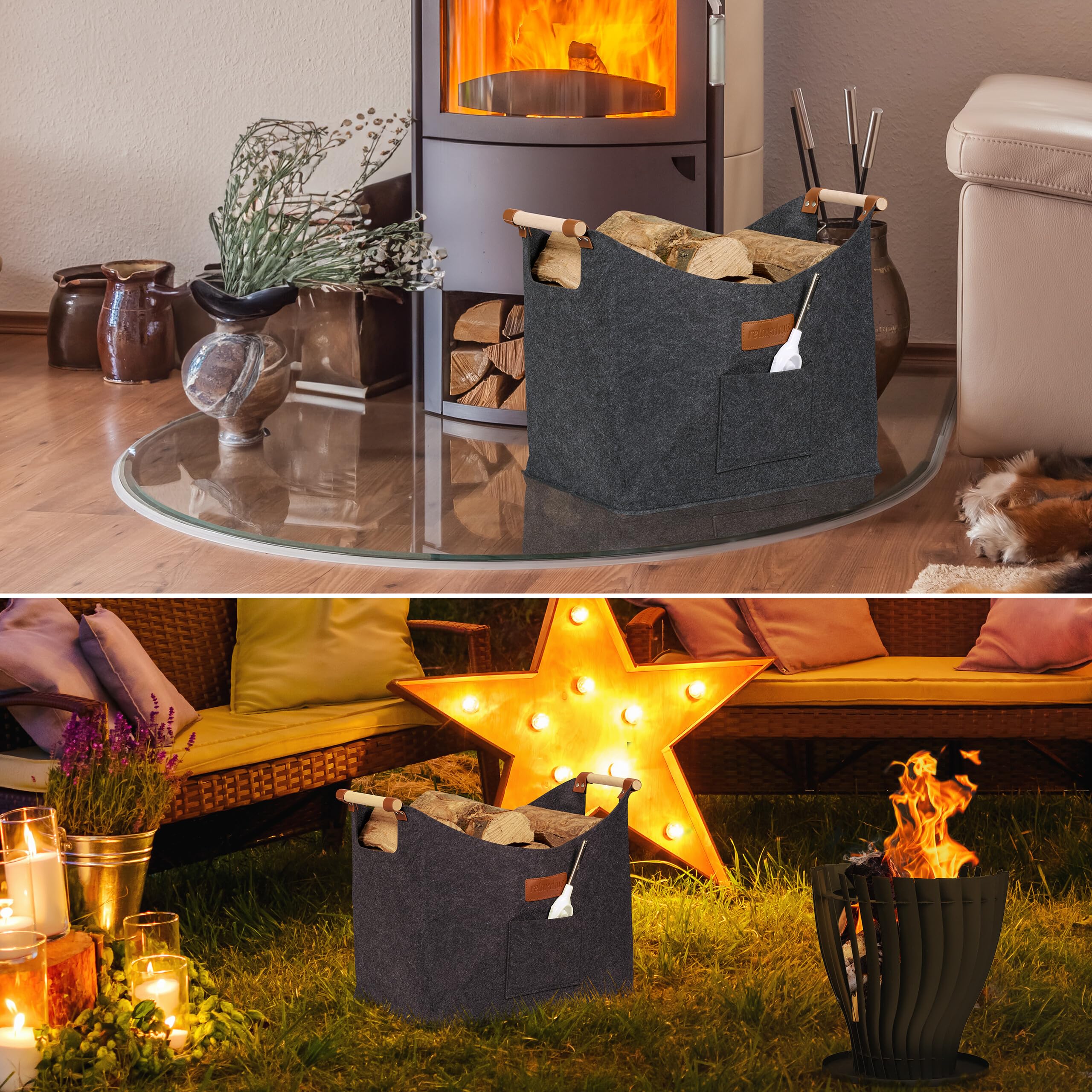 Relaxdays kosz na drewno, filc, 50 l, z uchwytami, wys. x szer. x gł.: 40 x 51 x 32 cm, kosz na drewno kominkowe, kosz do przechowywania, wewnętrzny, szary