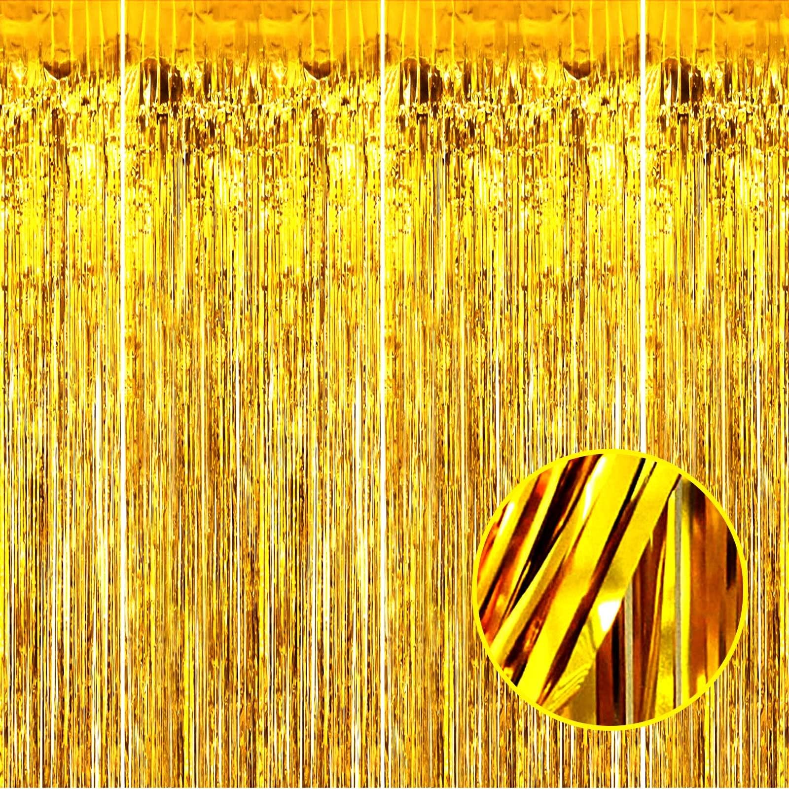 4 Pack Gold Foil Fringe Curtain Backdrop, 3.28Ft x 8.2Ft Metallic Tinsel Foil Fringe Streamer Curtains for Photo Booth Props, Birthday, Wedding, New Year’s, Christmas Decoration Party Supplies New