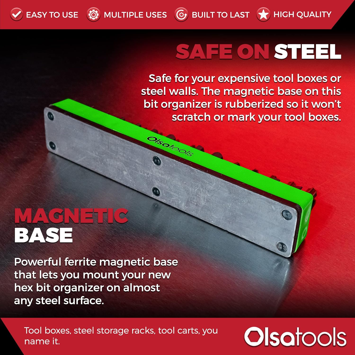 Olsa Tools Hex Bit Organizer with Magnetic Base - Green Holder for Drill, Tamper, and Specialty Bits - Compact Magnetic Storage Solution - Part 1140