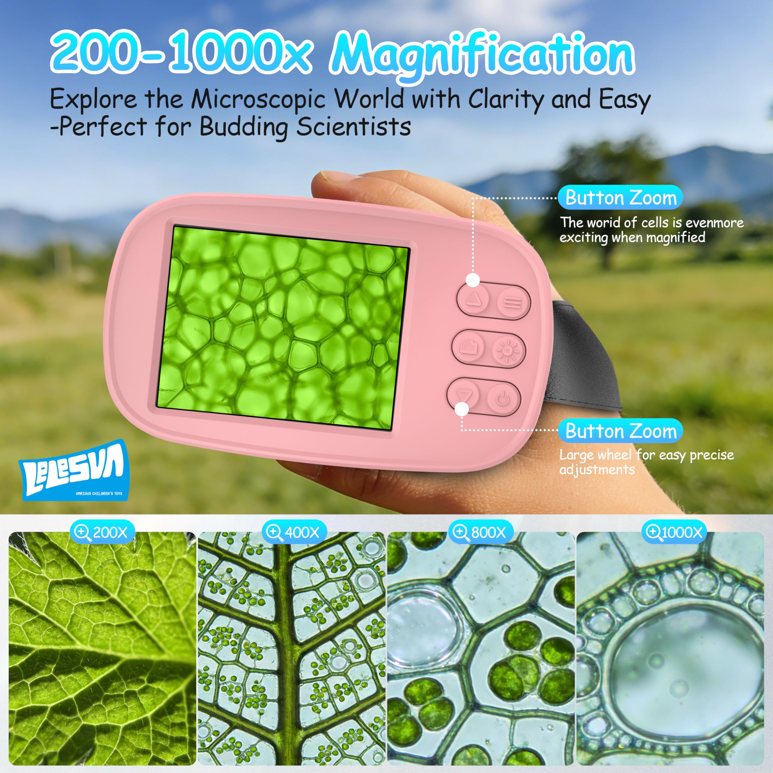 Microscope pour Enfants avec écran de 2,4 Pouces et résolution 4K-Mini Microscope de Poche Portable (1000x) Jouet Scientifique et éducatif (STEM) Idéal comme Cadeau de Noël ou d'anniversaire(Rose)