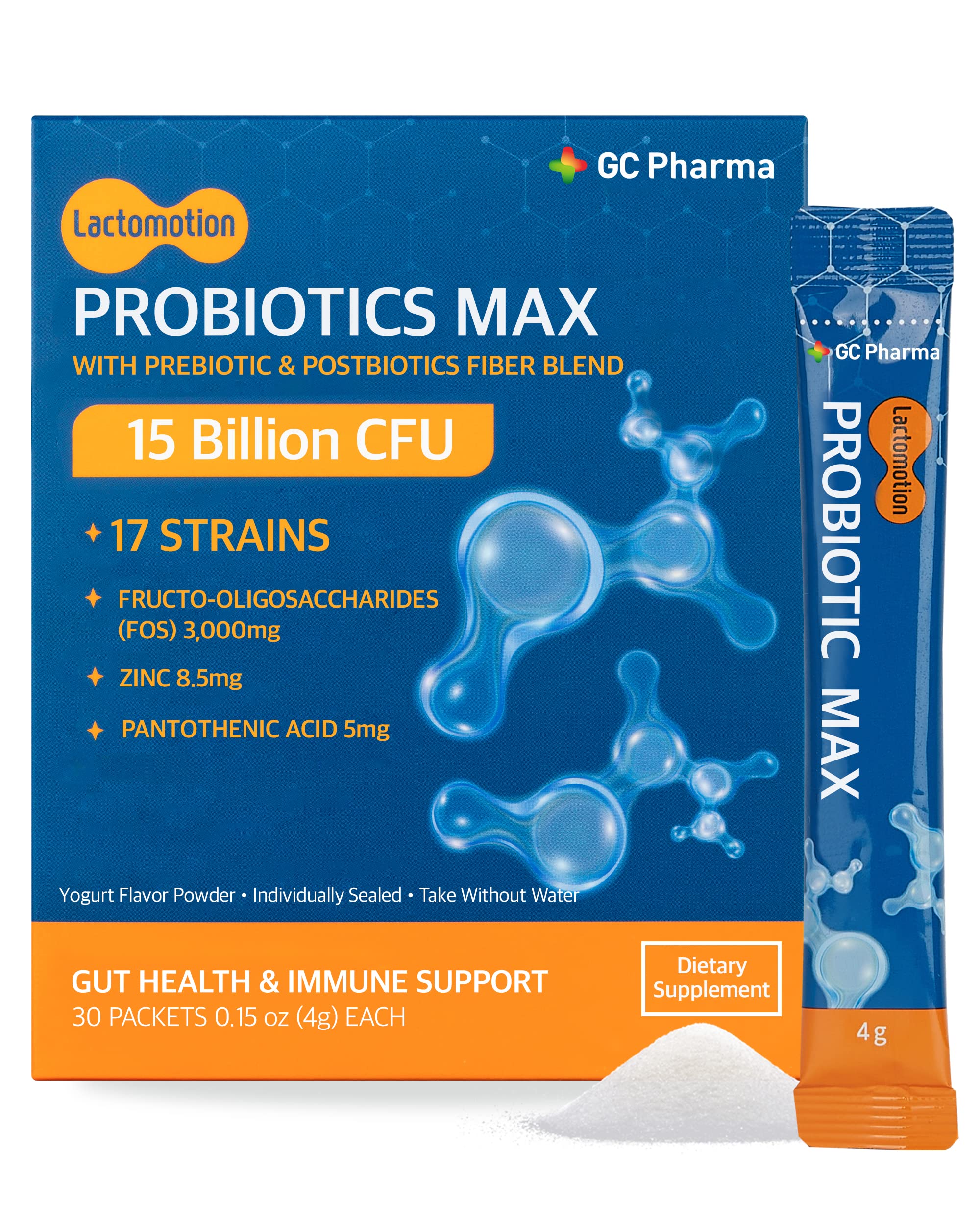 Probiotics Max (30 Count, Pack of 1) - Stomach Friendly Yogurt Flavor Powder. 15 Billion CFU, 17 Strains, Prebiotics, Postbiotics. Immune Support and Digestive Health. for Women, Men