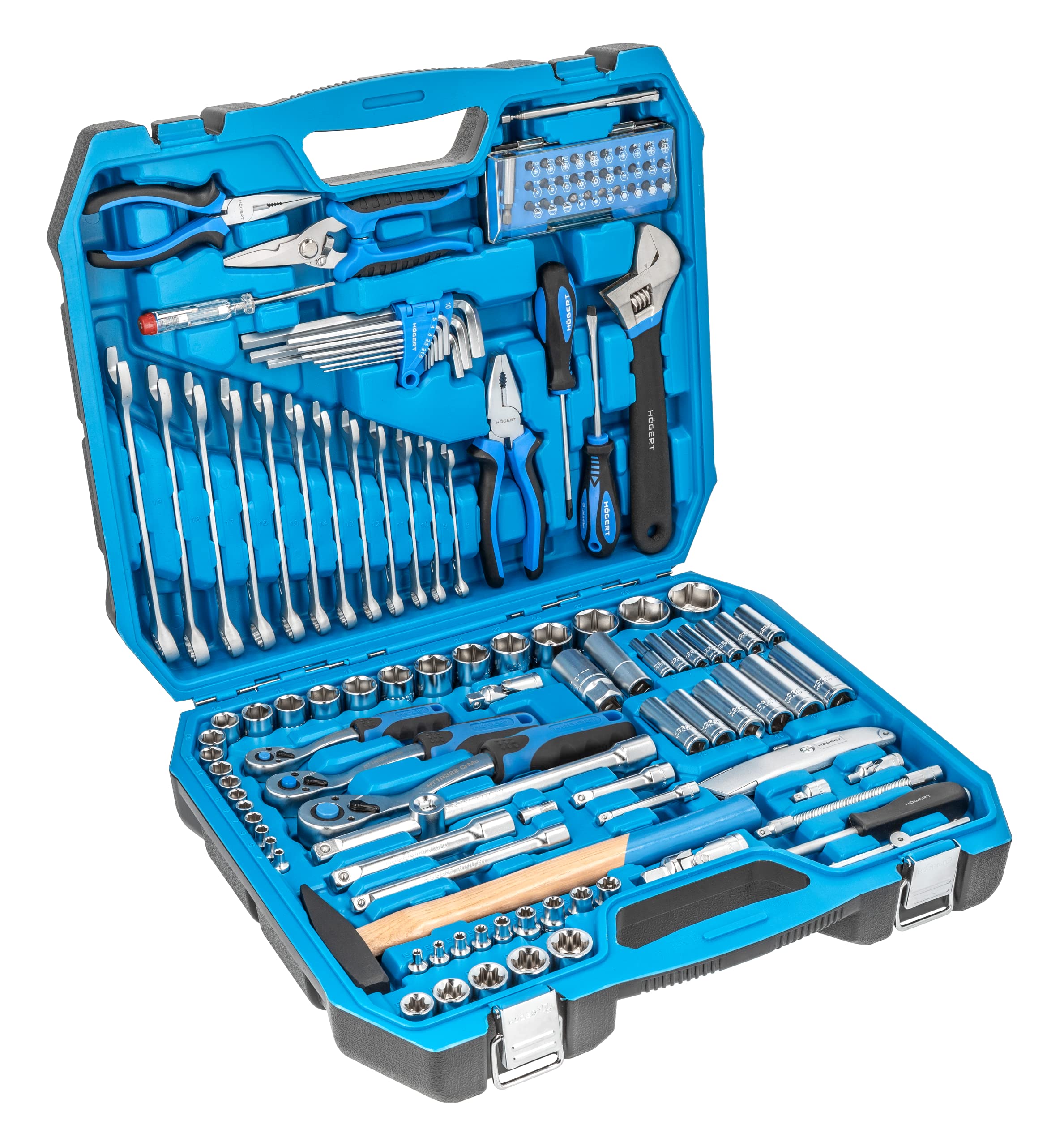 Högert Technik - Juego de herramientas I Llave de vaso, puntas y accesorios I Acero de aleación de cromo vanadio I Forjado I Mecanismo de trinquete con 72 trinquetes I HT1R439-131 piezas