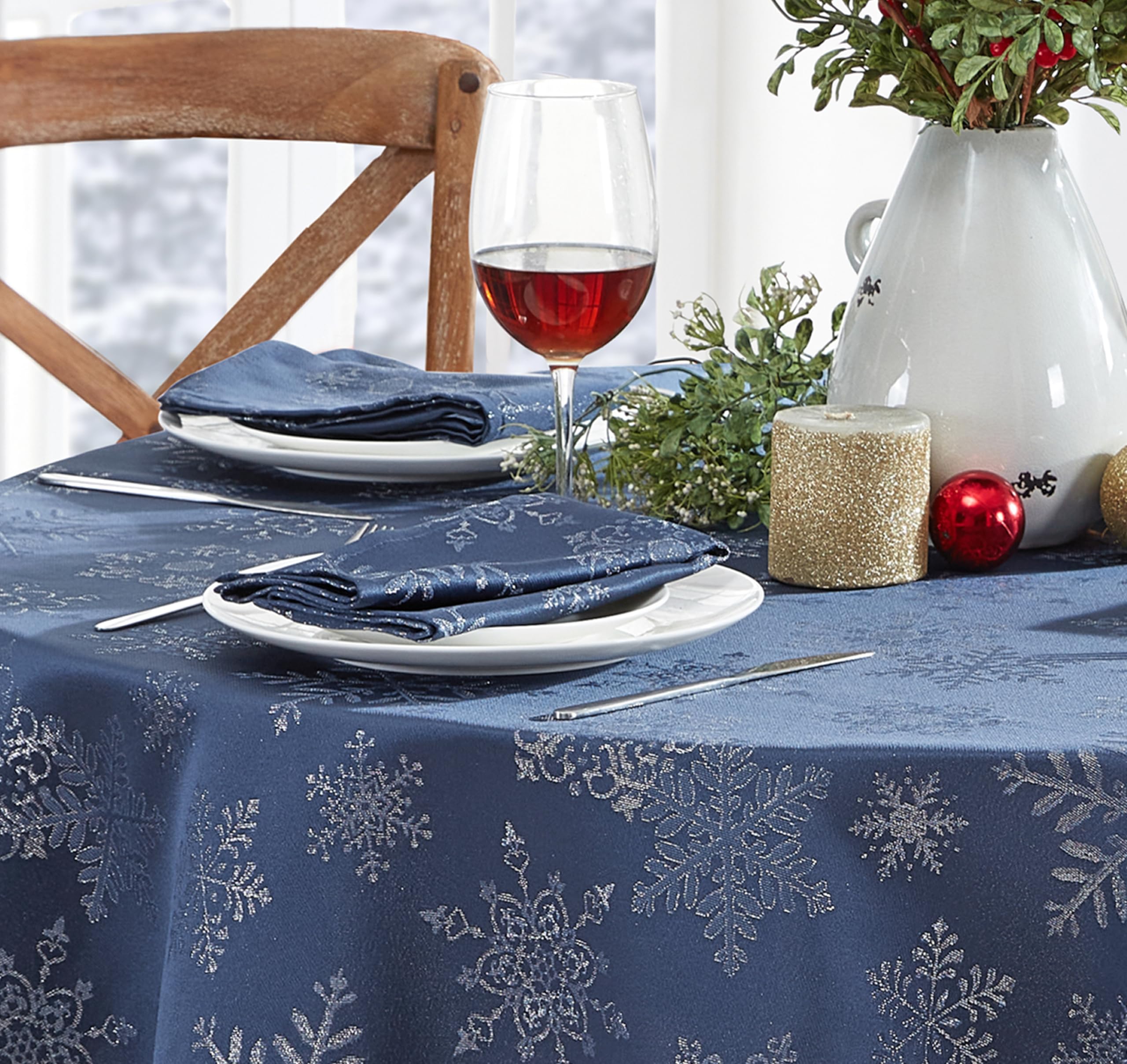 Newbridge Fancy Metallic Snowflake Christmas Fabric Tablecloth, 60 x 120 Inch Rectangle, Navy Silver, No-Iron Soil Resistant Sparkling Snowflakes Woven Holiday Table Cover