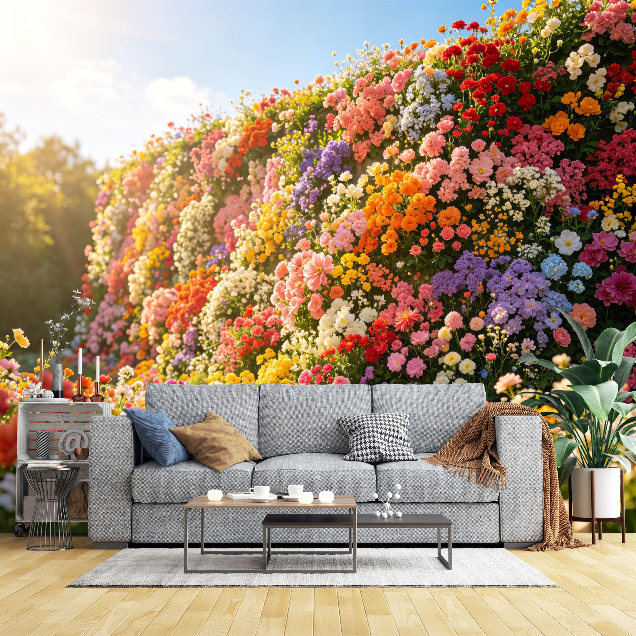Custom Size Wall Murals Colorful Blooming Flower Wall at Sunset Wall Murals Floral Scenery Wallpaper, Realistic Self-Adhesive Removable Wallpaper for Living Room