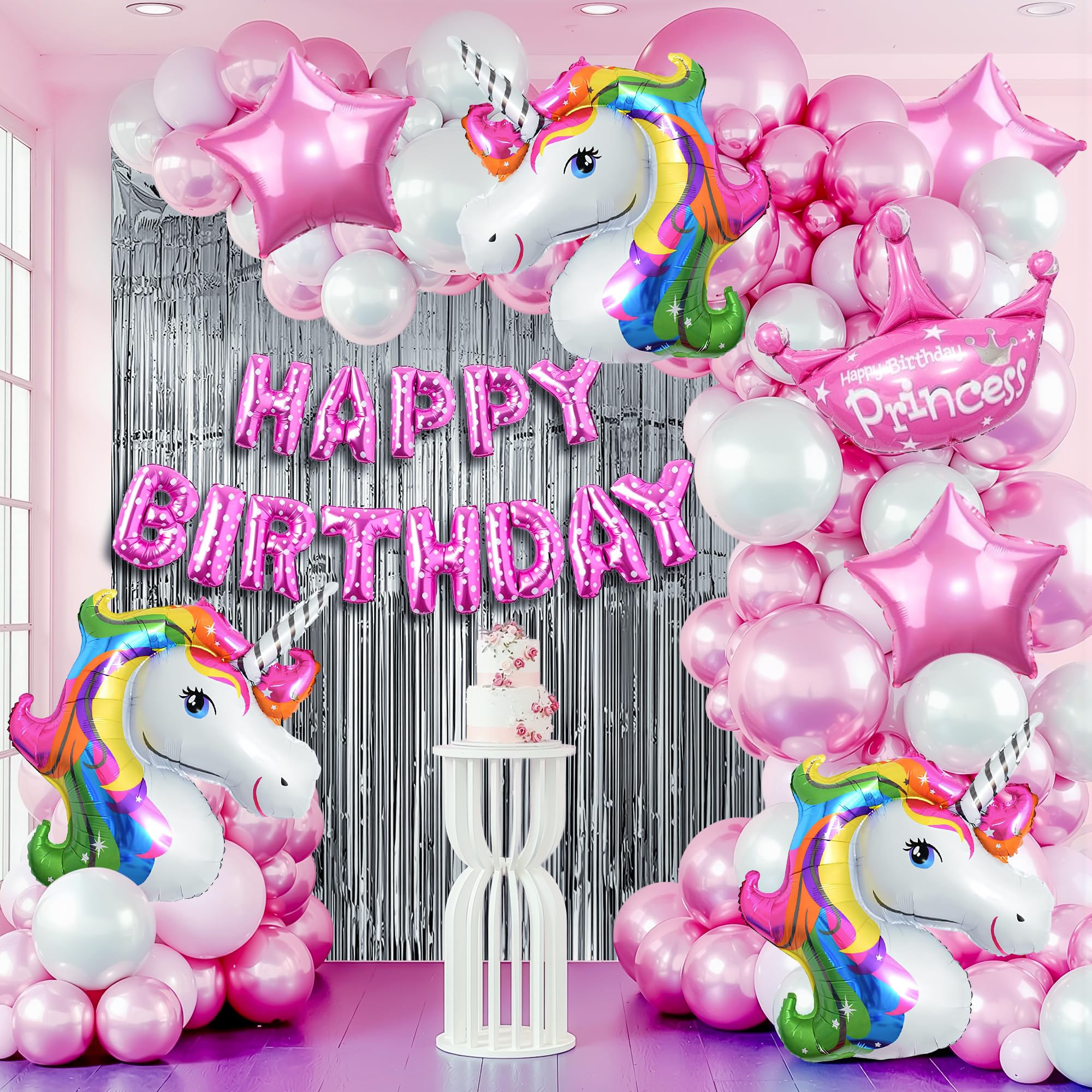 Unicorn Theme Birthday Decoration Kit For Girls - 72 Pcs, Unicorn Foil Balloons, Happy Birthday Banner, Silver Foil Curtains, Metallic Balloons, Pink Decoration Items For Girls