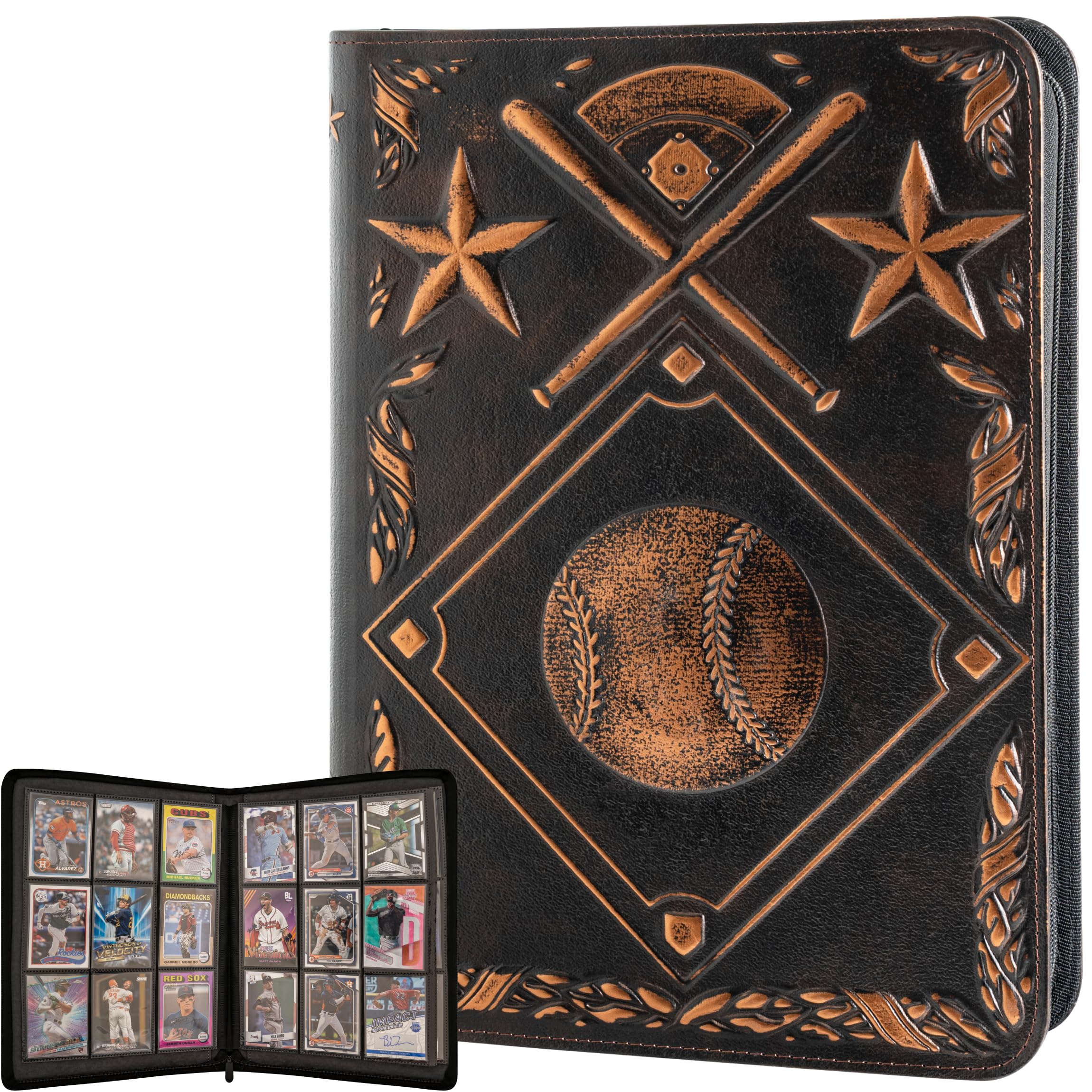 Baseball Card Binder - Stunning 3D Raised & Hand Colorwashed PU Leather Binder - 9 Pocket Album w Zipper - 360 Side Loading Sleeves Book for Baseball