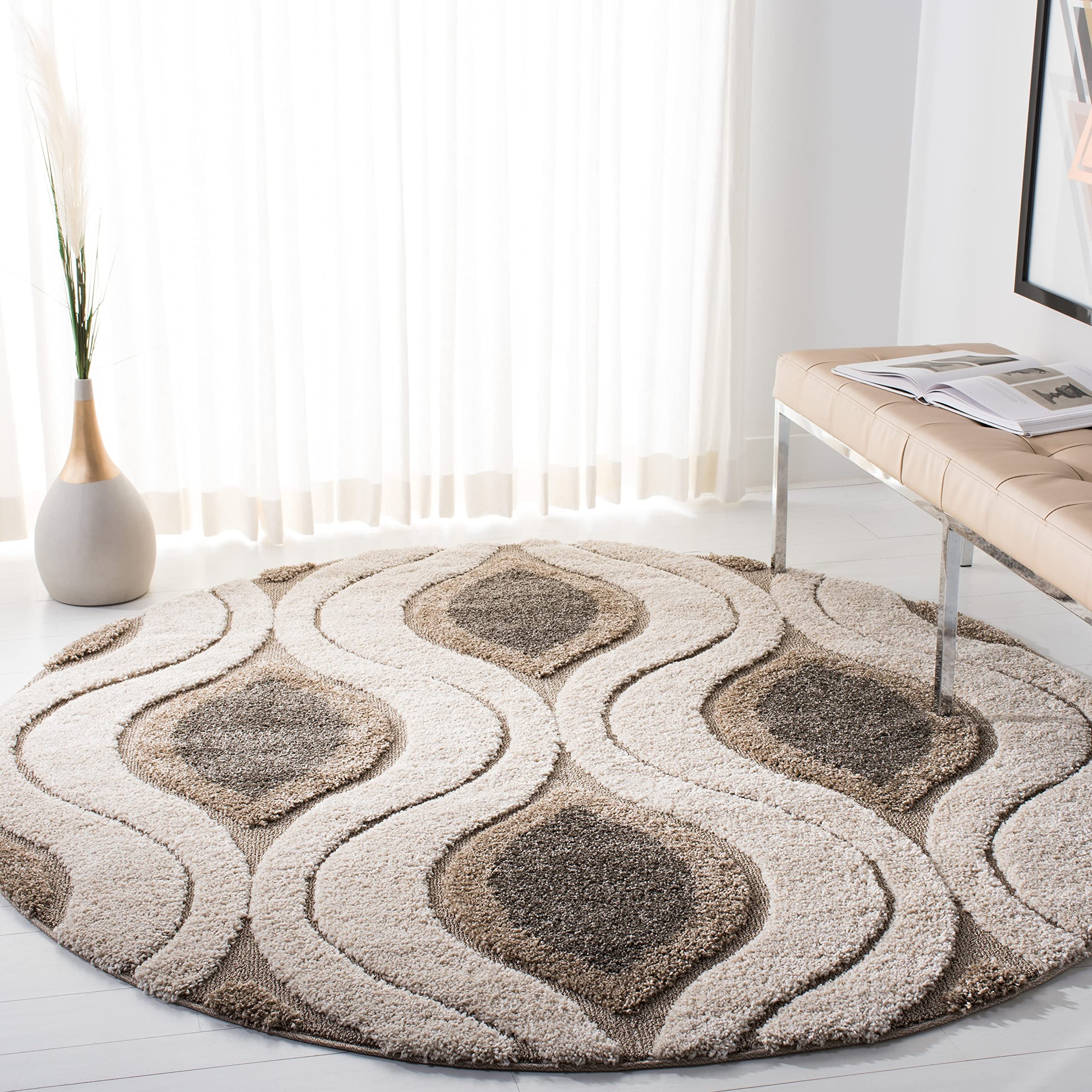 SAFAVIEH Florida Shag Collection Area Rug - 5' Round, Cream & Smoke, Modern Ogee Design, Non-Shedding & Easy Care, 1.2-inch Thick Ideal for High
