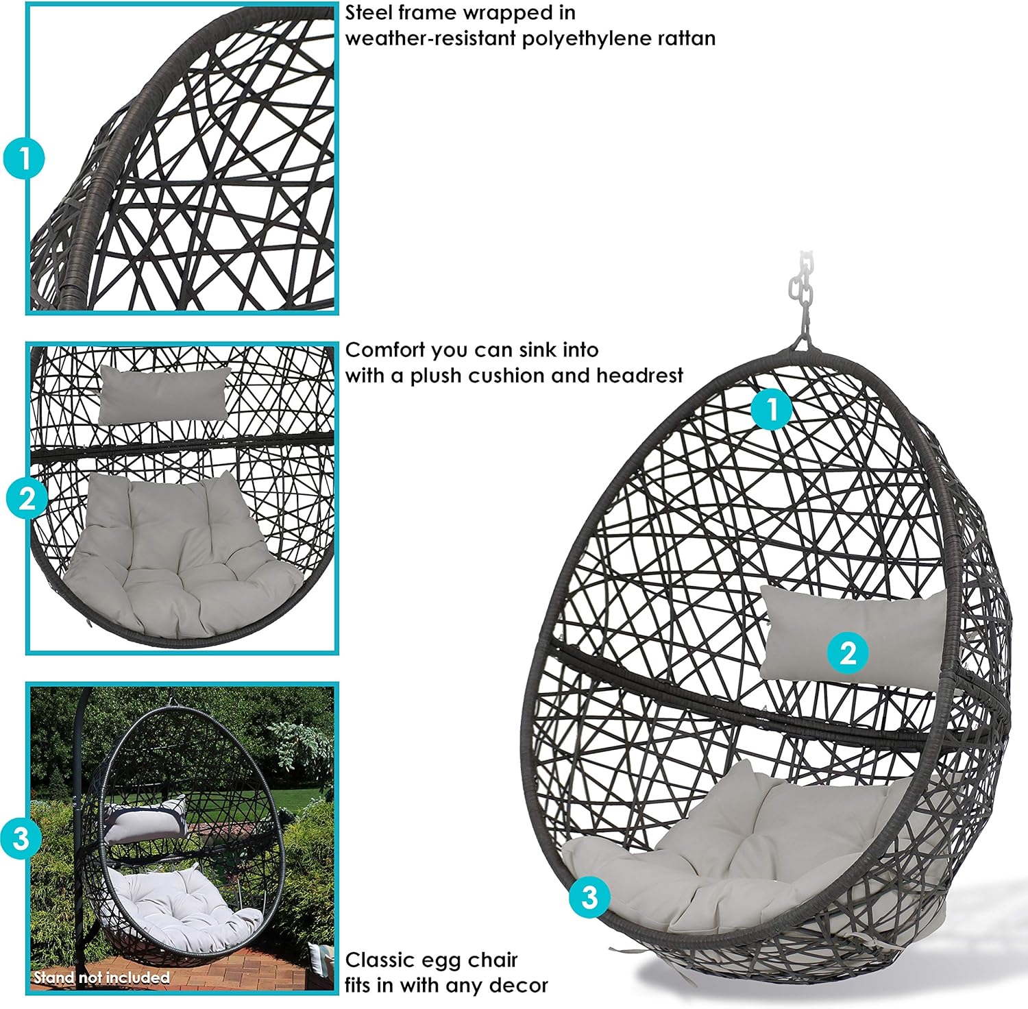 Sunnydaze Caroline Hanging Resin Wicker Egg Chair - 265-Pound Weight Capacity - Removable Gray Polyester Cushions
