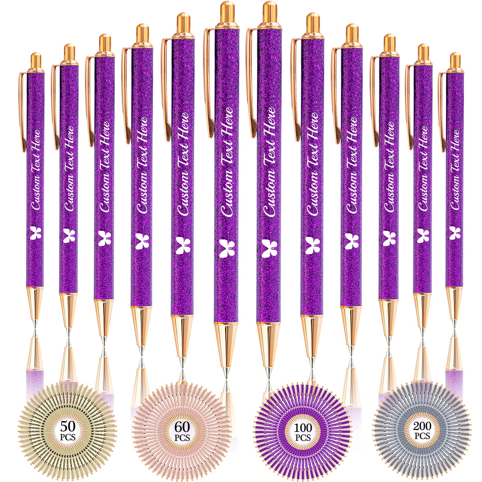 Aolun 10 Personalised Pens with Name Custom Glitter Pen Bulk Customised Retractable Ballpoint Pens with Text Message for Women Nurses Writing Birthday Business Graduation_Black Ink — image 1