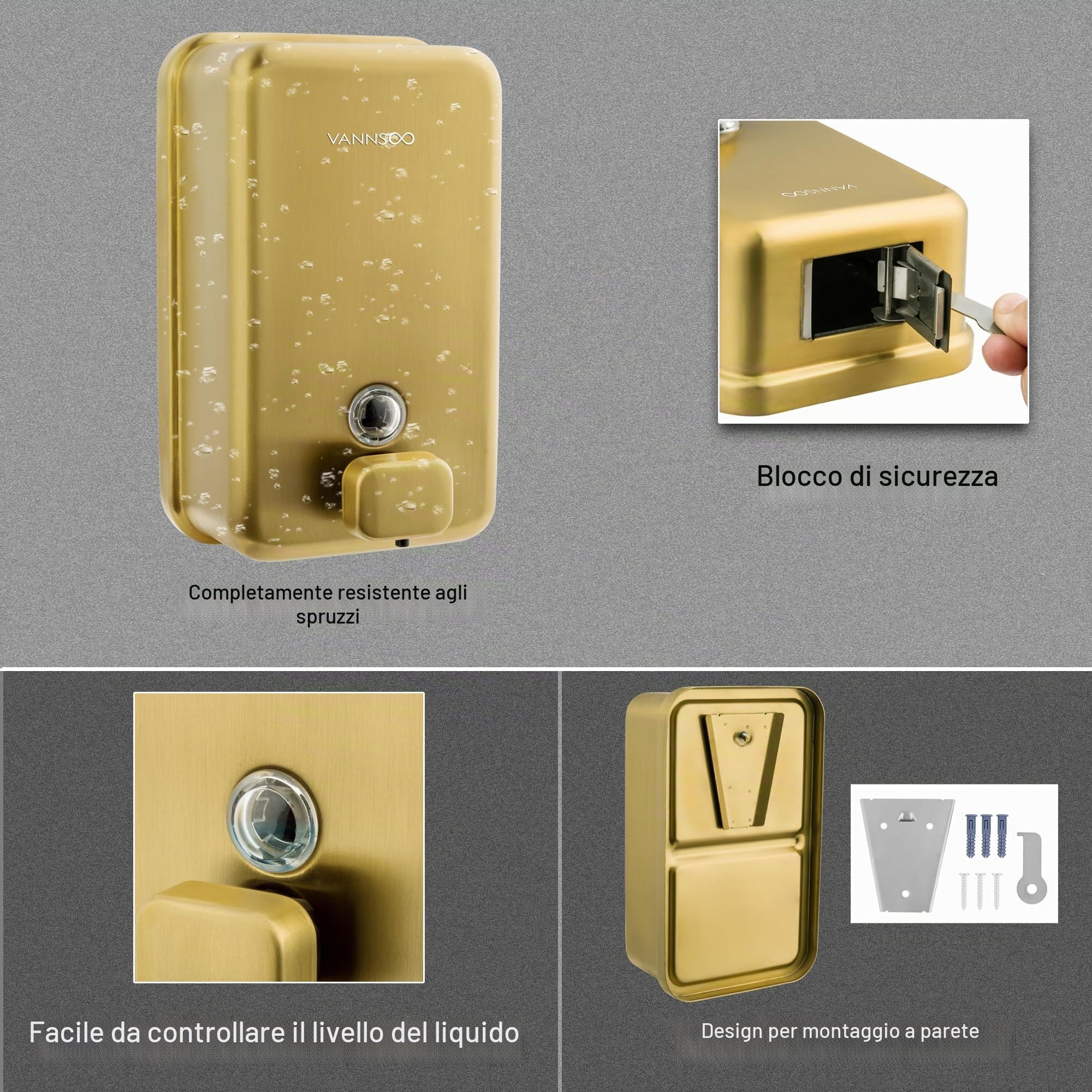 Dispenser per sapone liquido da parete per bagno, 1200 ml, in acciaio inossidabile per uso commerciale, montaggio verticale, dorato