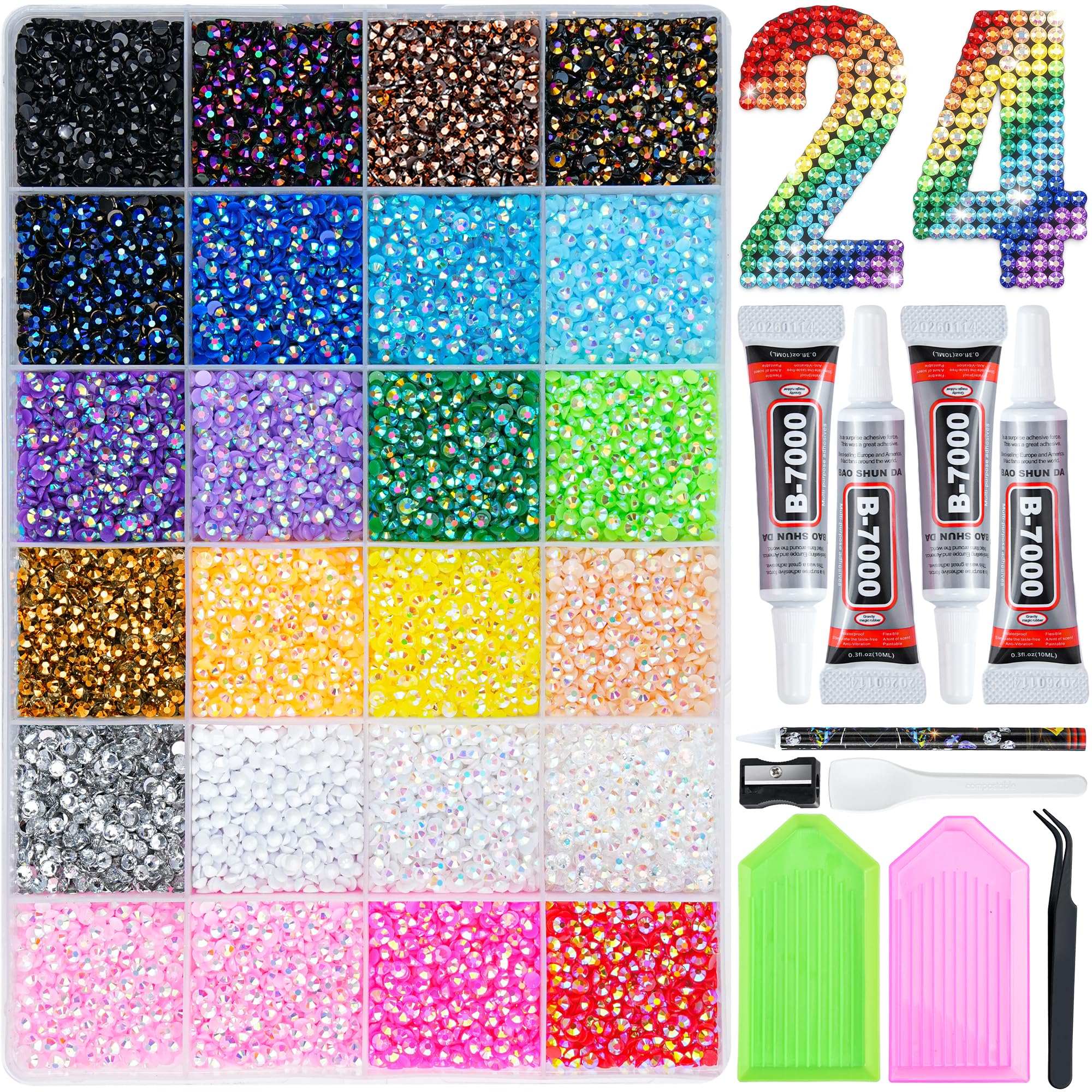 Photo 1 of 30000 Pcs Resin Jelly Rhinestones Kit, Multicolor 4mm Flatback Rhinestones with 4 Pcs B7000 Jewelry Glue & Tools, All-in-One Bedazzling Kit for DIY Arts & Crafts Gifts