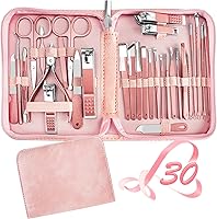 RedFlow 30-in-1 Professional Manicure Pedicure Set - Nail Clippers, Facial & Foot Care Tools in Pink Leather Travel Case