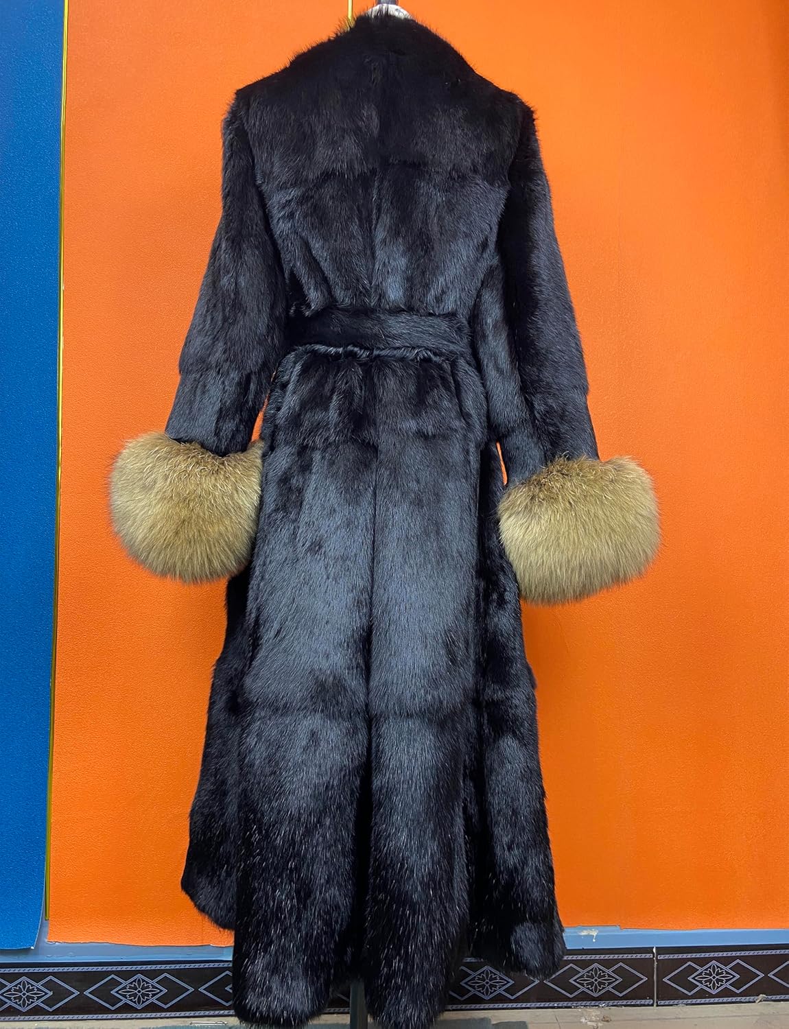 Women's Genuine Rabbit Fur Coat Extra Long Winter Fur Jacket with Raccoon Fur Sleeve Cuffs