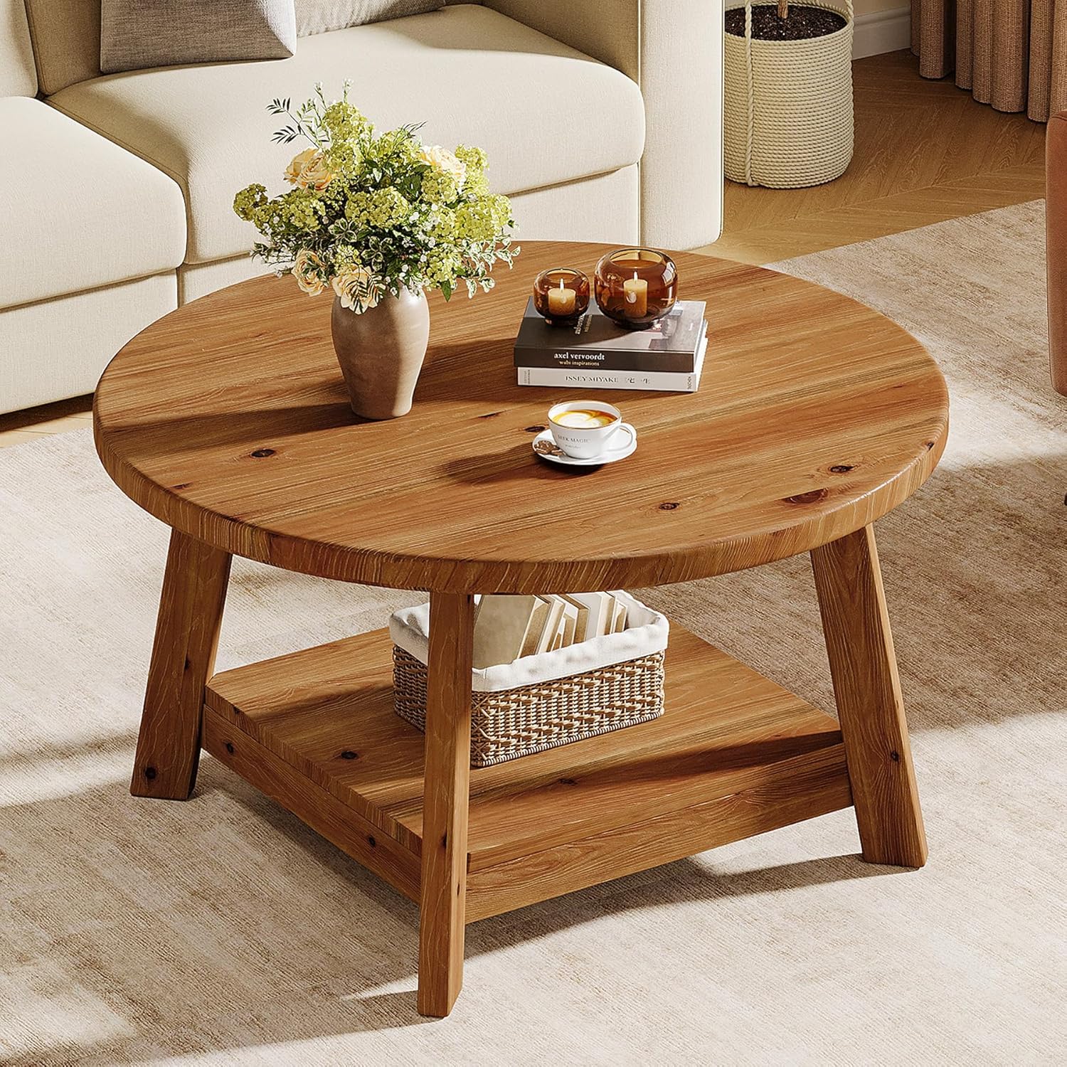 Solid Wood Round Coffee Table for Living Room, 31.5” Farmhouse Wooden 2-Tier Circle Center Cocktail Accent Table with Storage Shelf and Tapered Legs for Apartment, Small Space, Brown