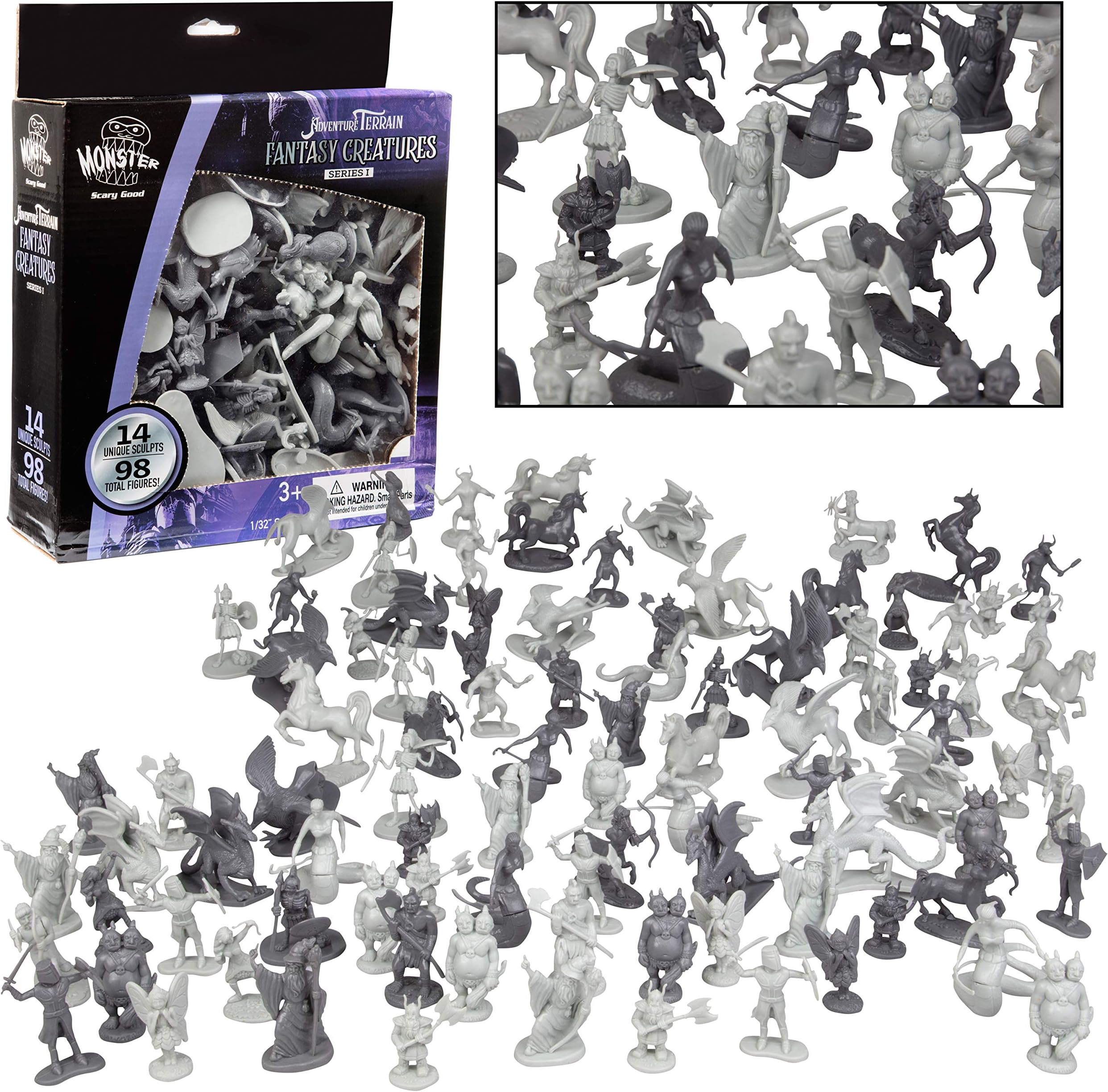 Monster Fantasy Creature Mini Action Figure Playset - 98pcs Toy Miniatures w 14 Unique Designs - Dragons, Wizards, Orcs, & More- XL 1/32 Scale Compatible with Dungeons and Dragons and Other RPG Games