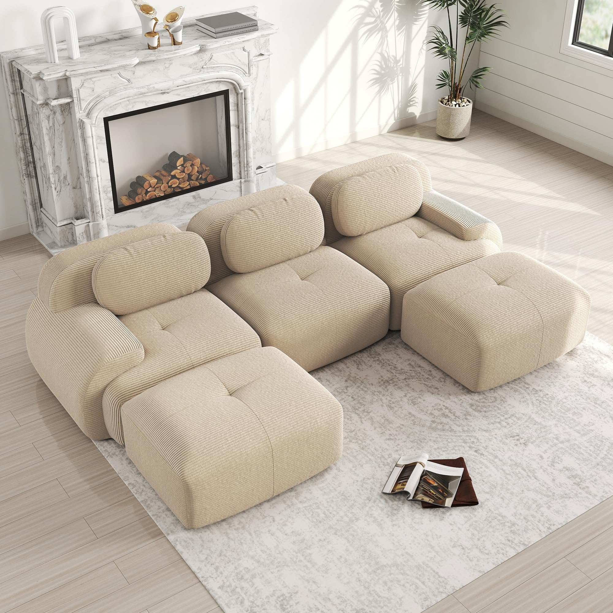 Sofá modular en U de pana sin montaje beige para salón y oficina
