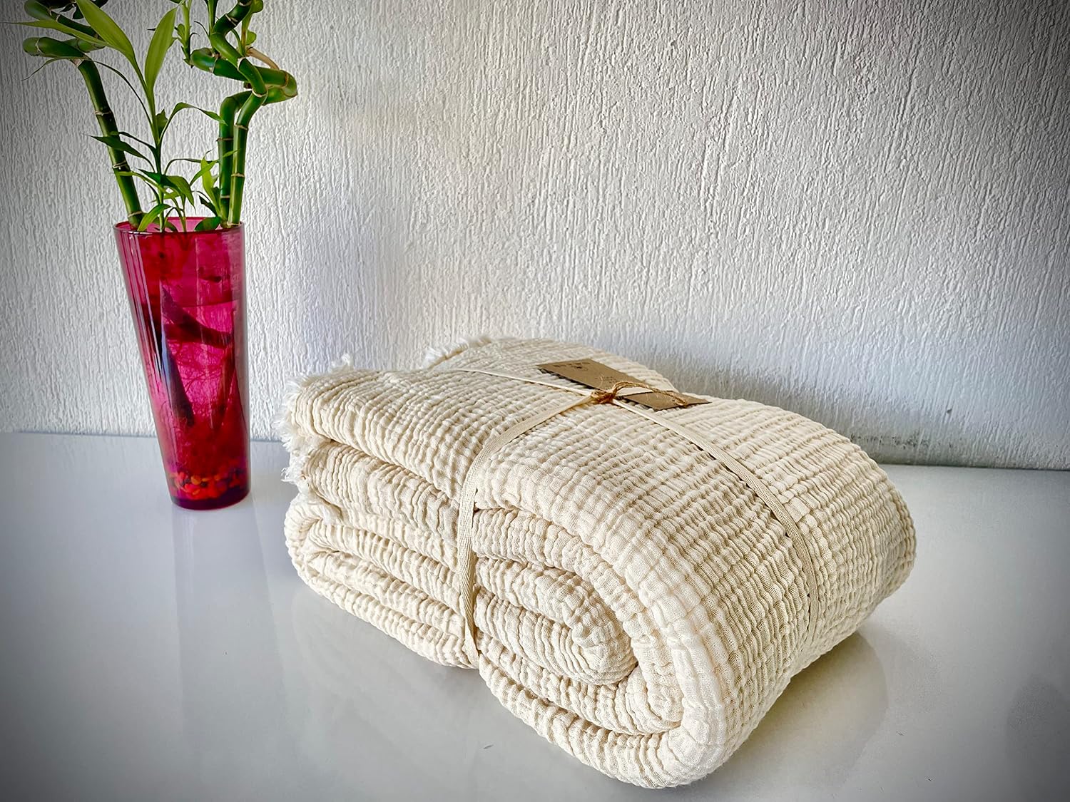 100% Cotton Muslin Blanket, 4 Layers Bedspread, Soft Turkish Cotton Muslin Bed Cover, Reversible Coverlet, Natural Cream (Full/Queen Size 91x95-230x240cm)