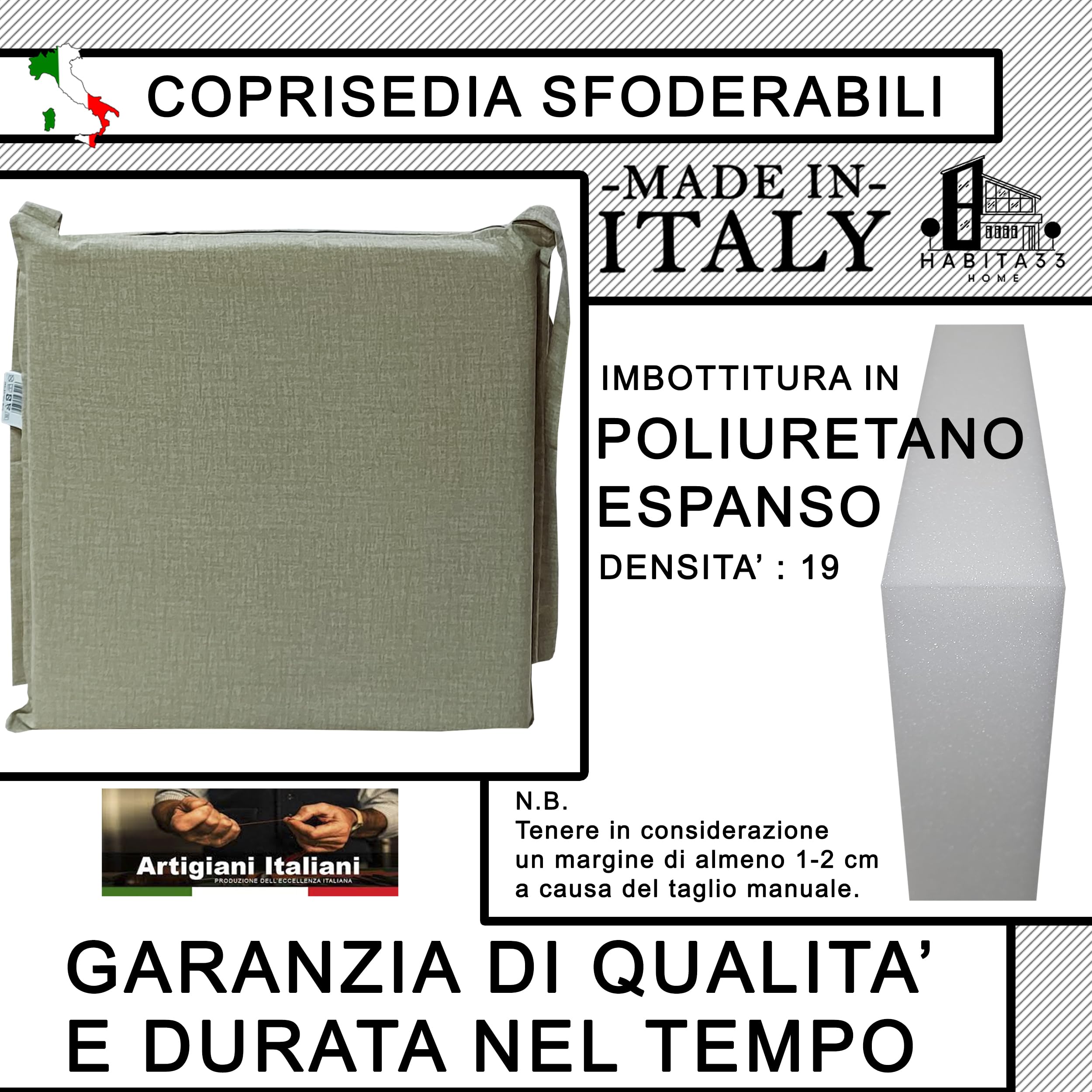 Cuscini Sedie Cucina Set da 6, 40x40 cm, Copri Sedia Sfoderabili double face in Tessuto Loneta Made in Italy (Sorrento Beige)