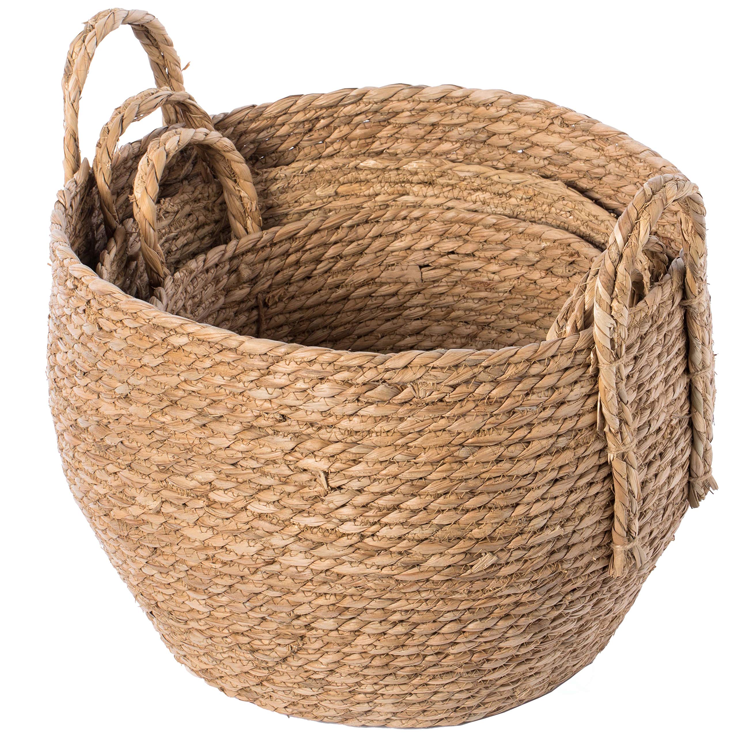 Vintiquewise Set di 3 cestini decorativi rotondi in vimini intrecciato con manici intrecciati