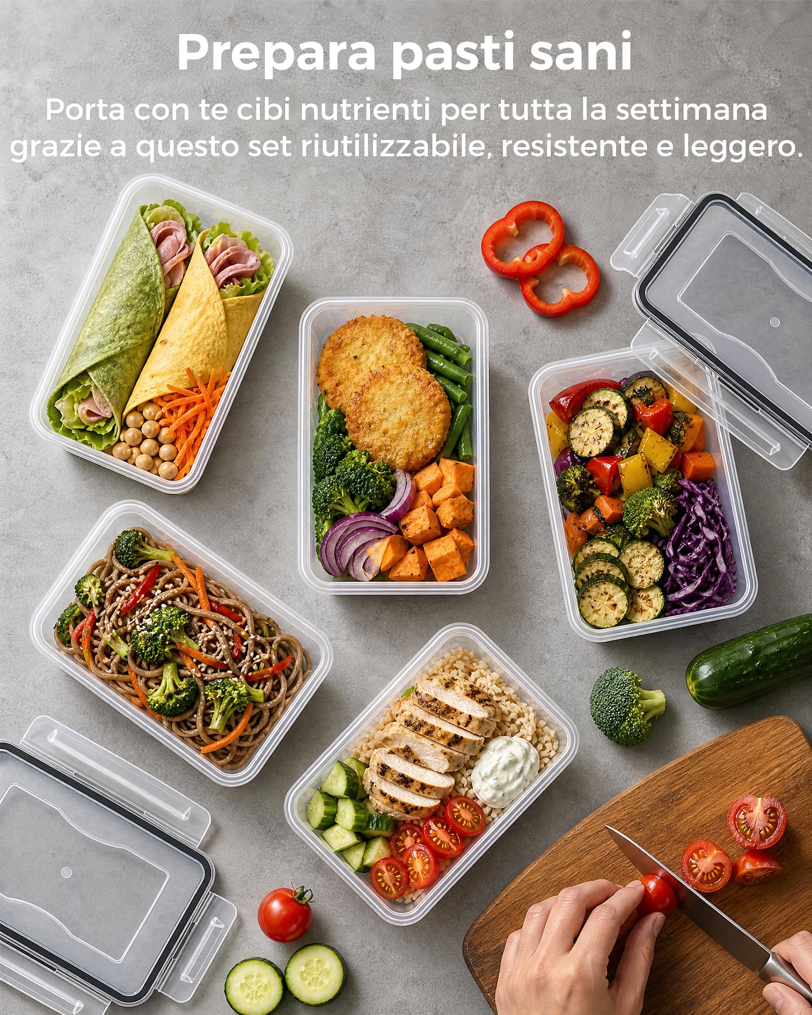 Contenitori Ermetici per Alimenti con Coperchio - Senza BPA, meal prep Contenitore per Microonde, Set Contenitori per Alimenti, Compatibile Congelatore e Lavastoviglie, 1L x 5 Pezzi + 0,52L x 5 Pezzi