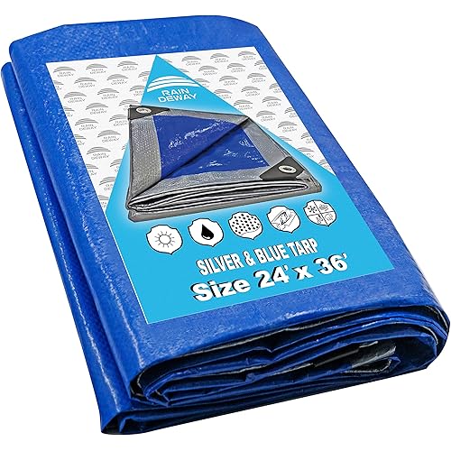 RAINDEWAY Large Tarps 24x36Feet, 5.5 Mil - Multipurpose Waterproof Poly Tarp Cover with Metal Grommets and Reinforced Edges, Silver/Blue Tarp