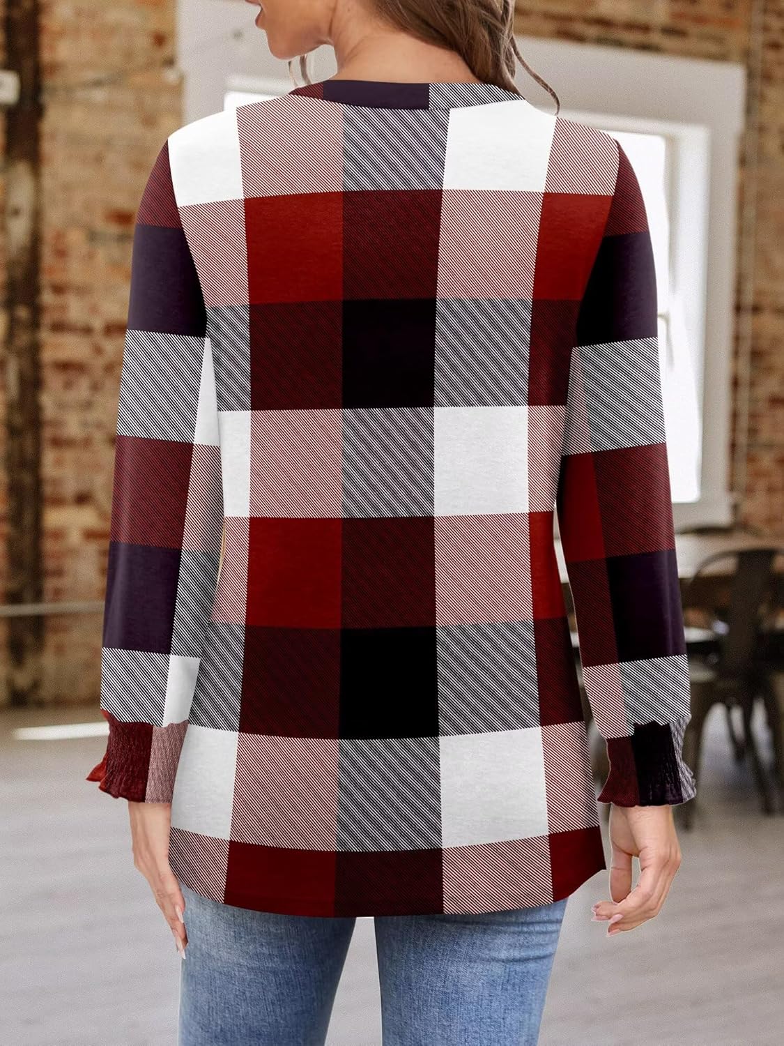 CRAZY GRID Women V Neck Fall Top Loose Trendy Casual Long Sleeve Shirt Plaid Floral Plain Printed Blouse Versatile Wear S-3XL - Image 7