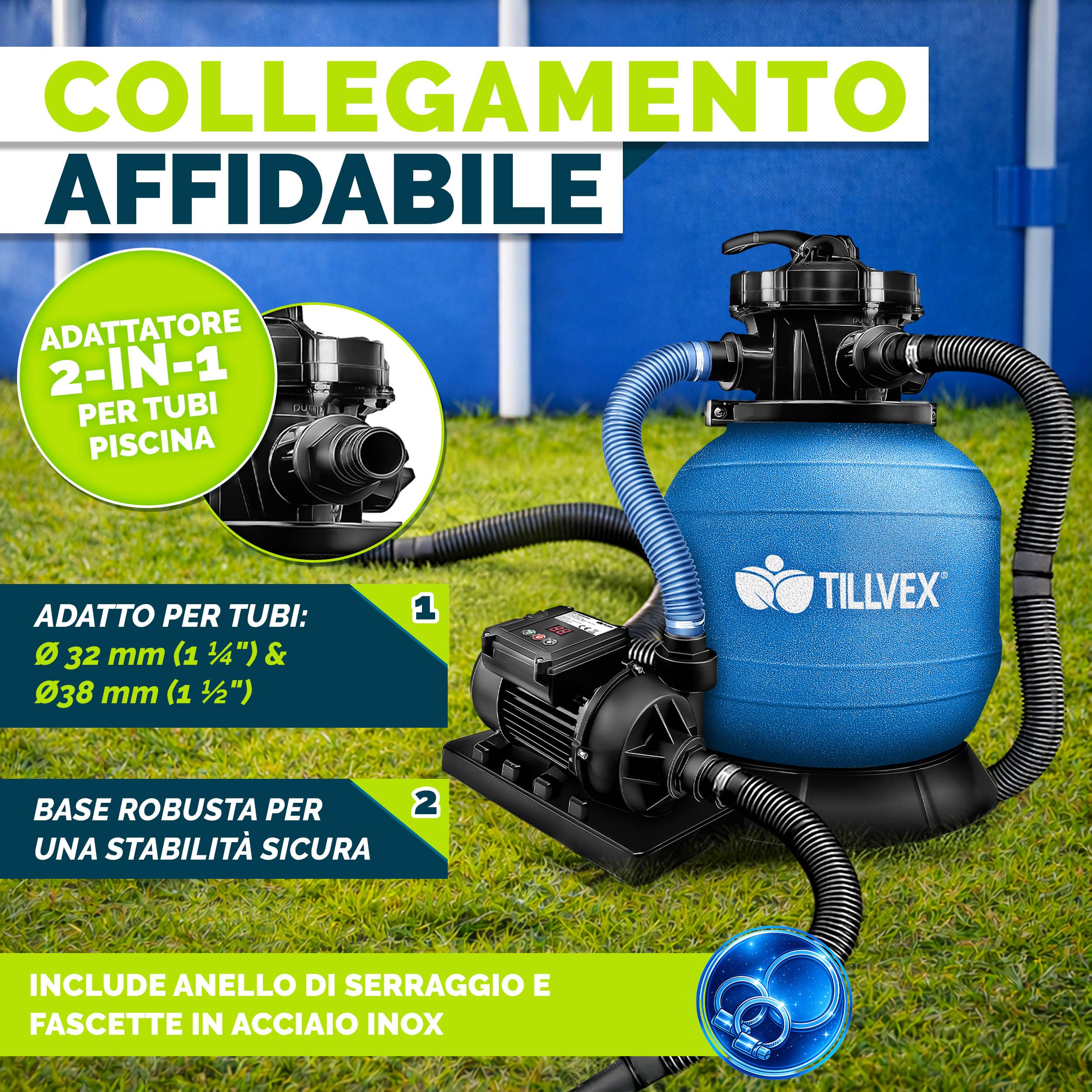 tillvex Pompa Filtro Piscina Portata 7.900L/h + 400g Filtro Balls | 7 funzioni | Adattatore 2in1 Ø32-38mm con indicatore di pressione | Filtro a sabbia per piscine (Blu con timer)