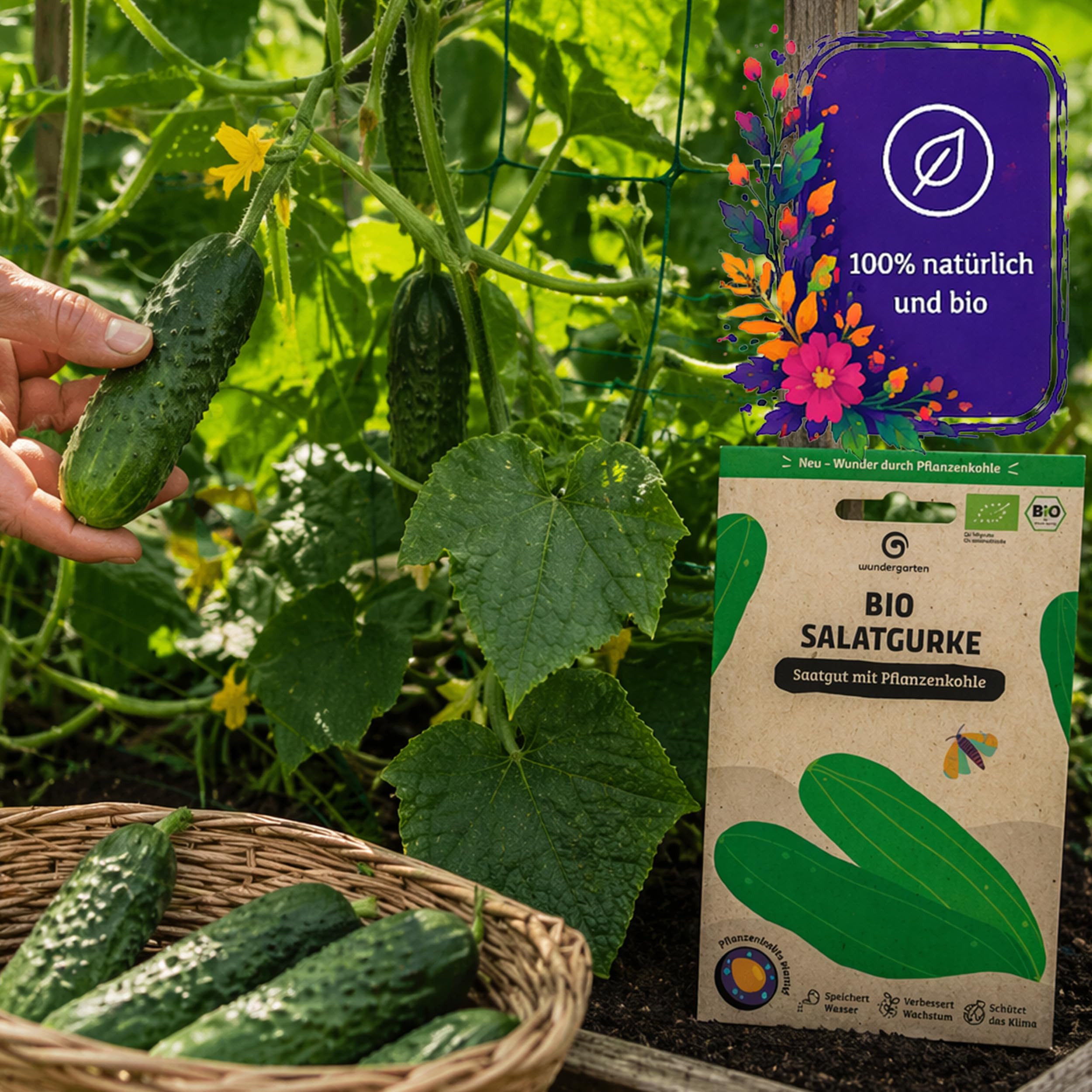 20x Bio Salatgurke Saatgut Delikatess – Wundergarten – Mit Pflanzenkohle-Mantel – Hohe Keimrate & saftige Gurken – Gemüsesamen für Garten, Hochbeet & Balkon