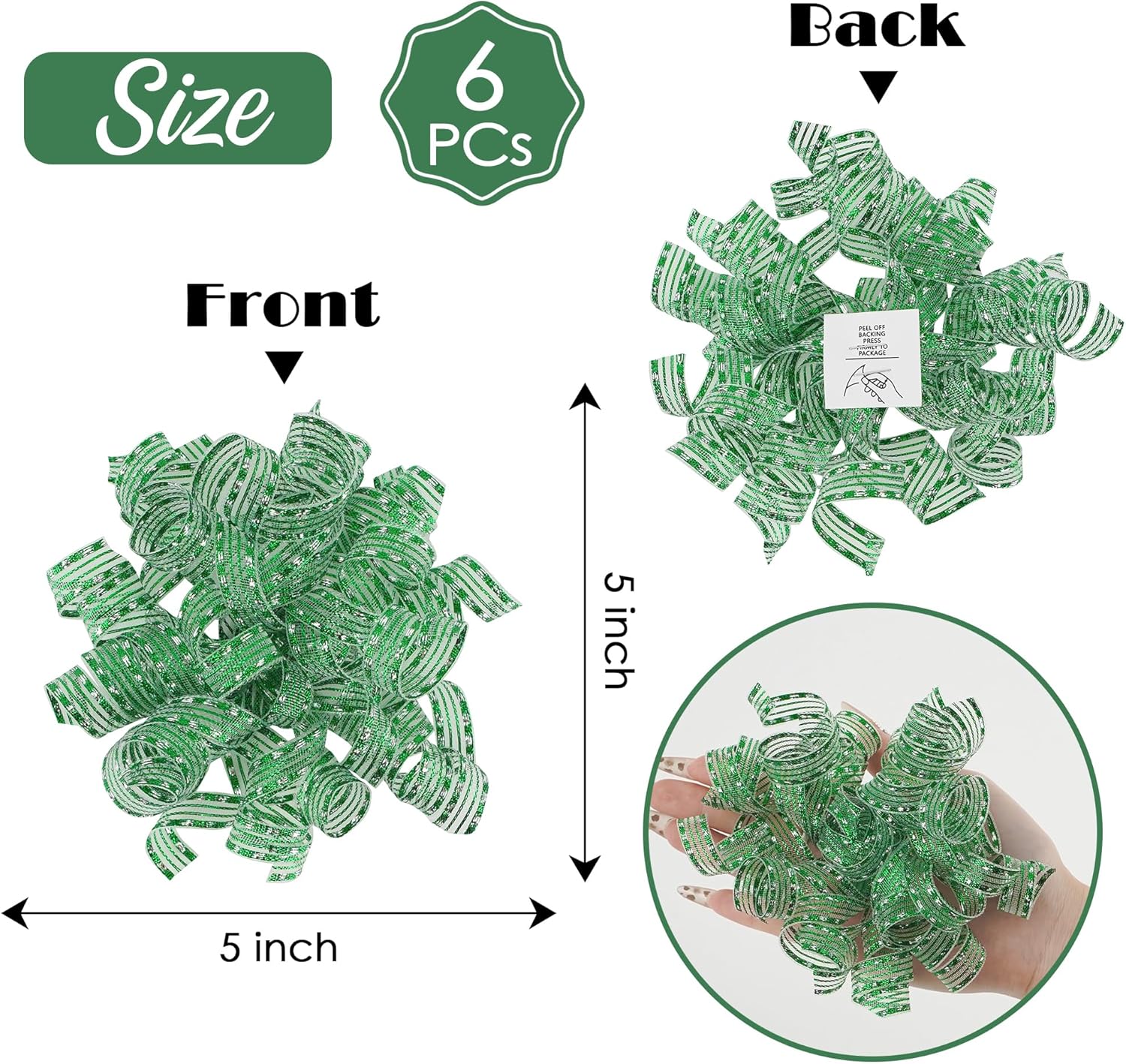 AIMUDI Metallic Green Curly Bows for Gift Wrapping 5'' Self Adhesive Gift Bows Green Christmas Bows for Presents, Treat Bags, Wine Bottles Party Holiday Wedding Christmas Decorations - 6 Counts - Image 3
