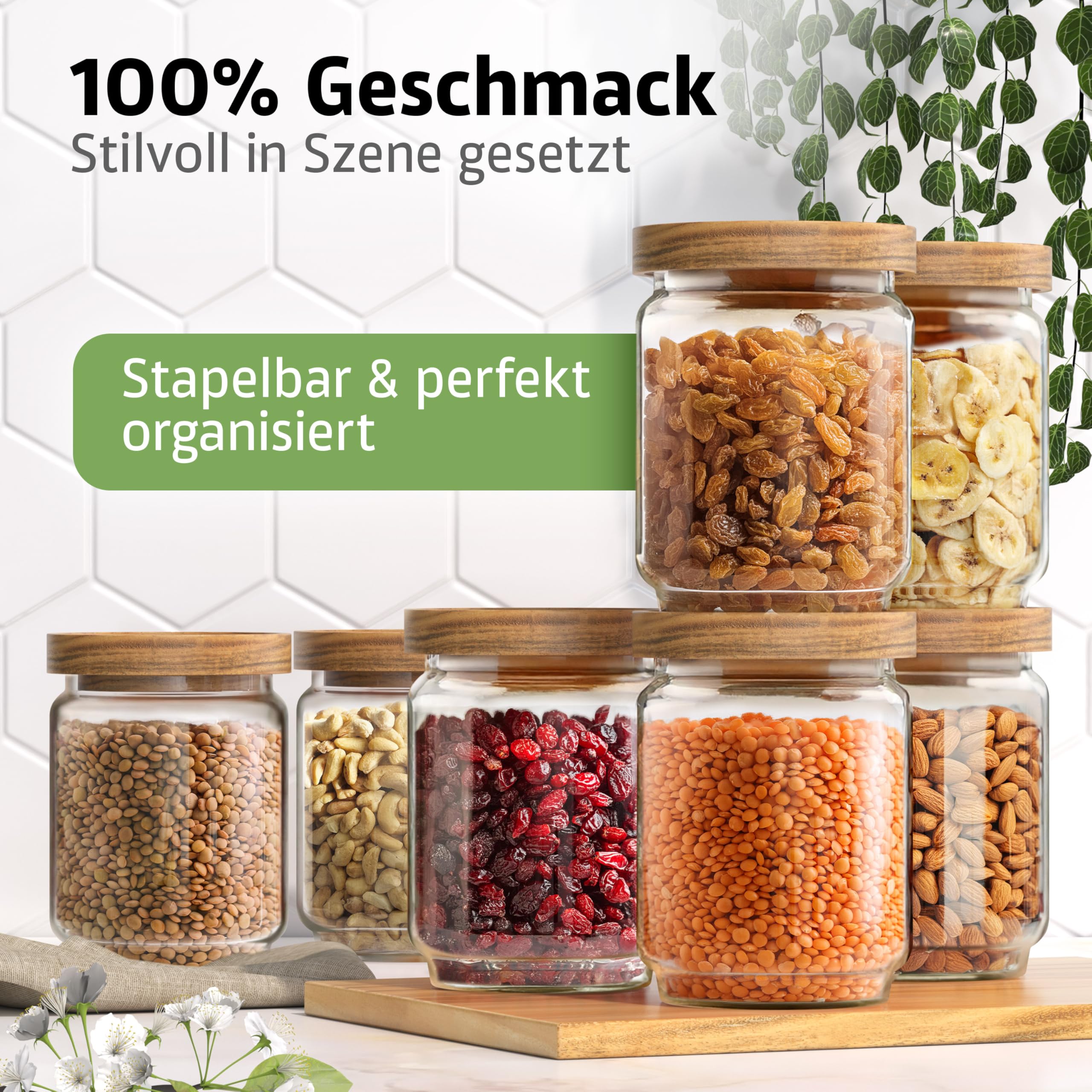 ElbFuchs Vorratsgläser mit Deckel luftdicht I 4x 500ml I BPA-FREI & MOTTENSICHER I Vorratsdosen aus Borosilikatglas mit Holzdeckel I 