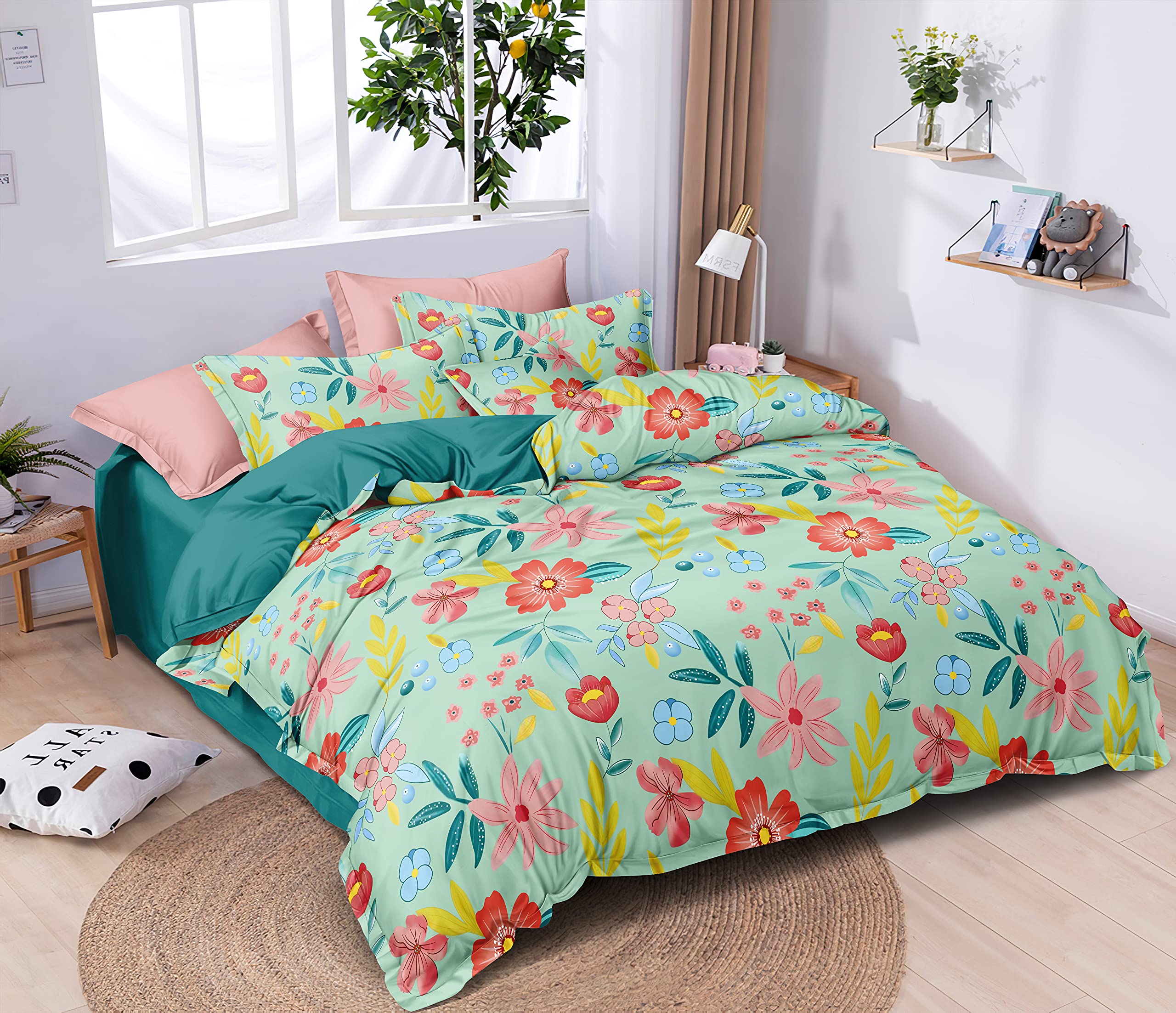 MORADO Glace Cotton Floral Design Duvet Cover - Single, Green with Zipper (LightGreenColorfulFlower_ANG)-image-41