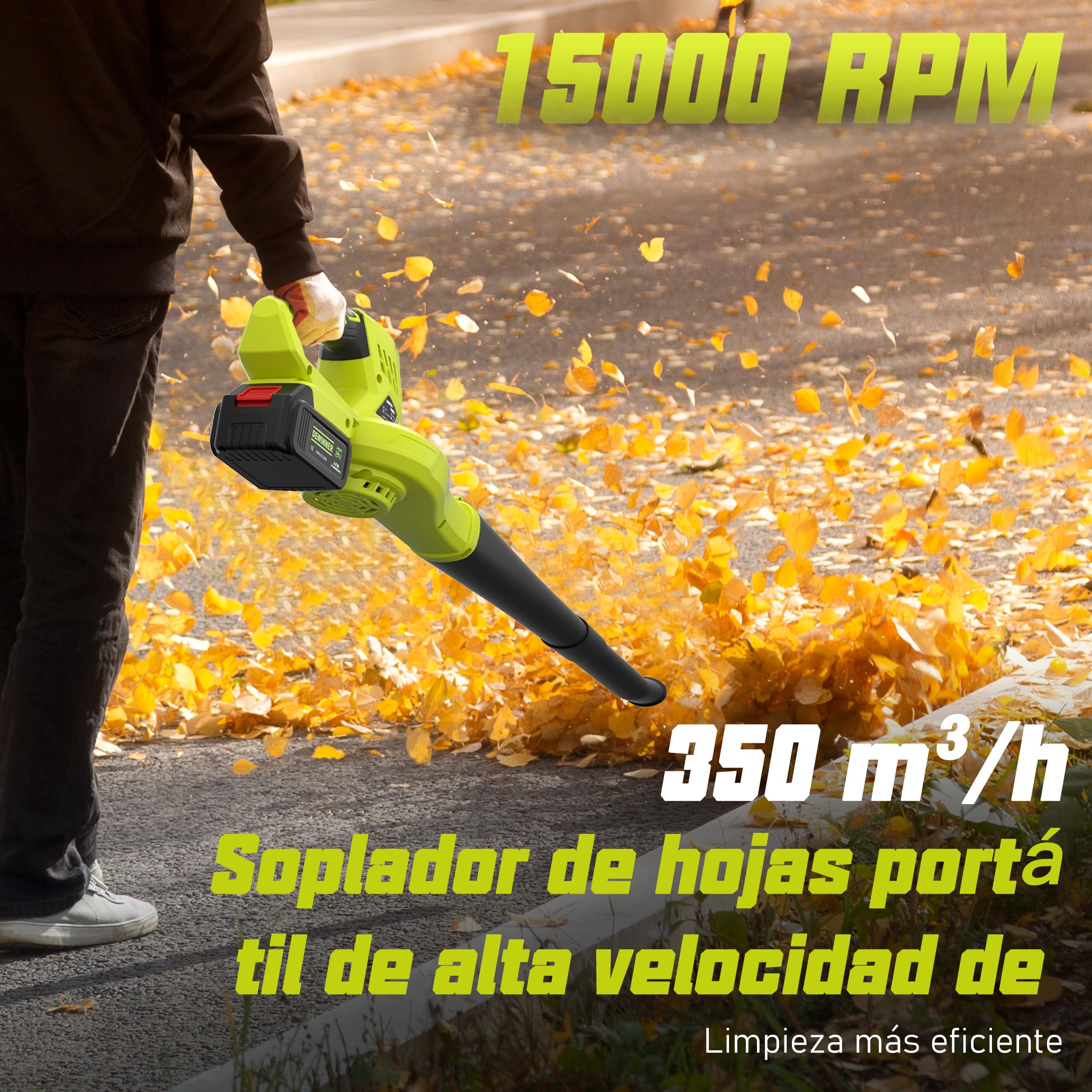DEWINNER Soplador de Hojas Inalámbrico, 2x4,0Ah Baterías, 210 km/h | 6 Velocidades Ajustables, 2 Tubos Desmontables, Kit Completo, Profesional para Jardín, Compatible con Baterías Makita, Verde