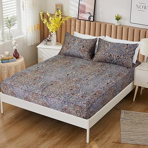 Miniatura 5 de Softta Juego de ropa de cama vintage de 4 piezas con estampado de cachemira marrón y morado, 1 funda de edredón + 1 juego de sábanas bajeras + 2