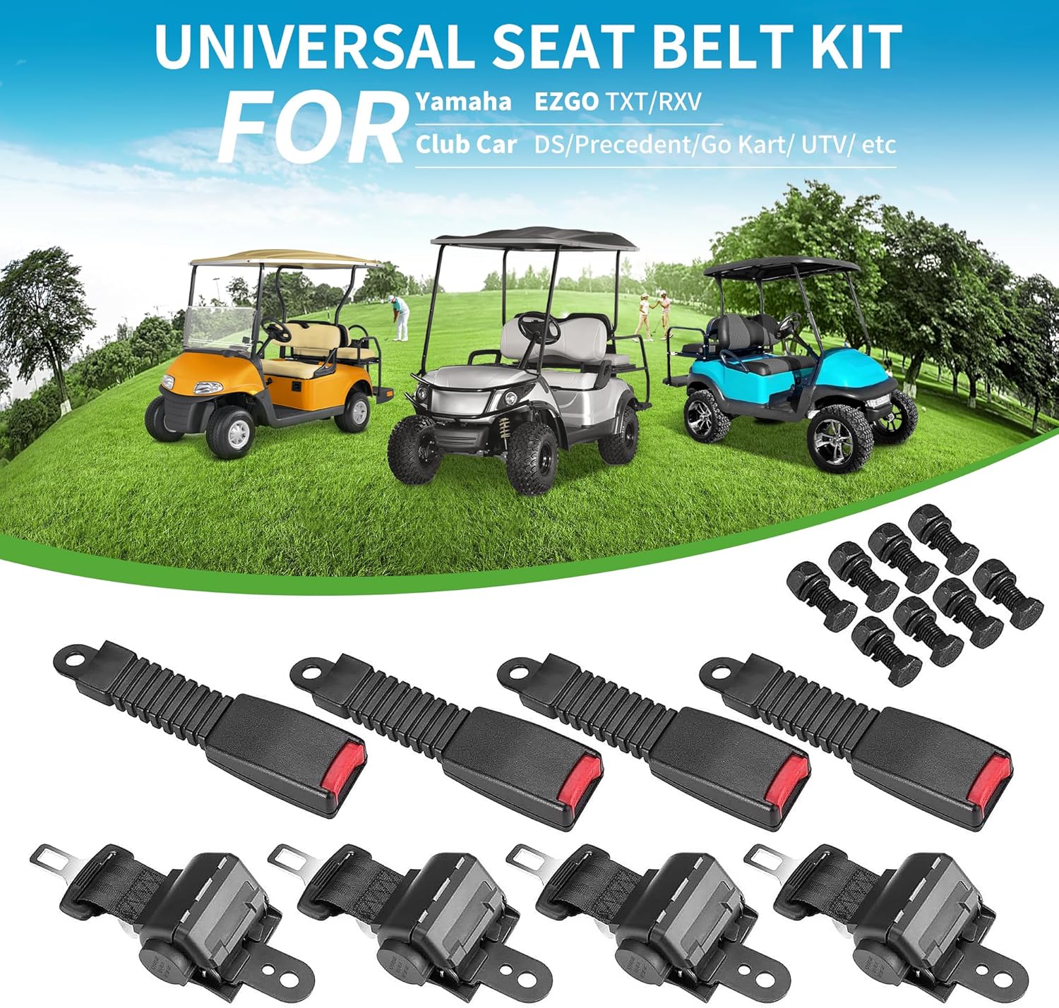 10L0L 4PCS Universal Retractable Golf Cart Seat Belt Kit for Yamaha, EZGO, Club Car, Fits Front Rear Seat (Not Include Bracket)