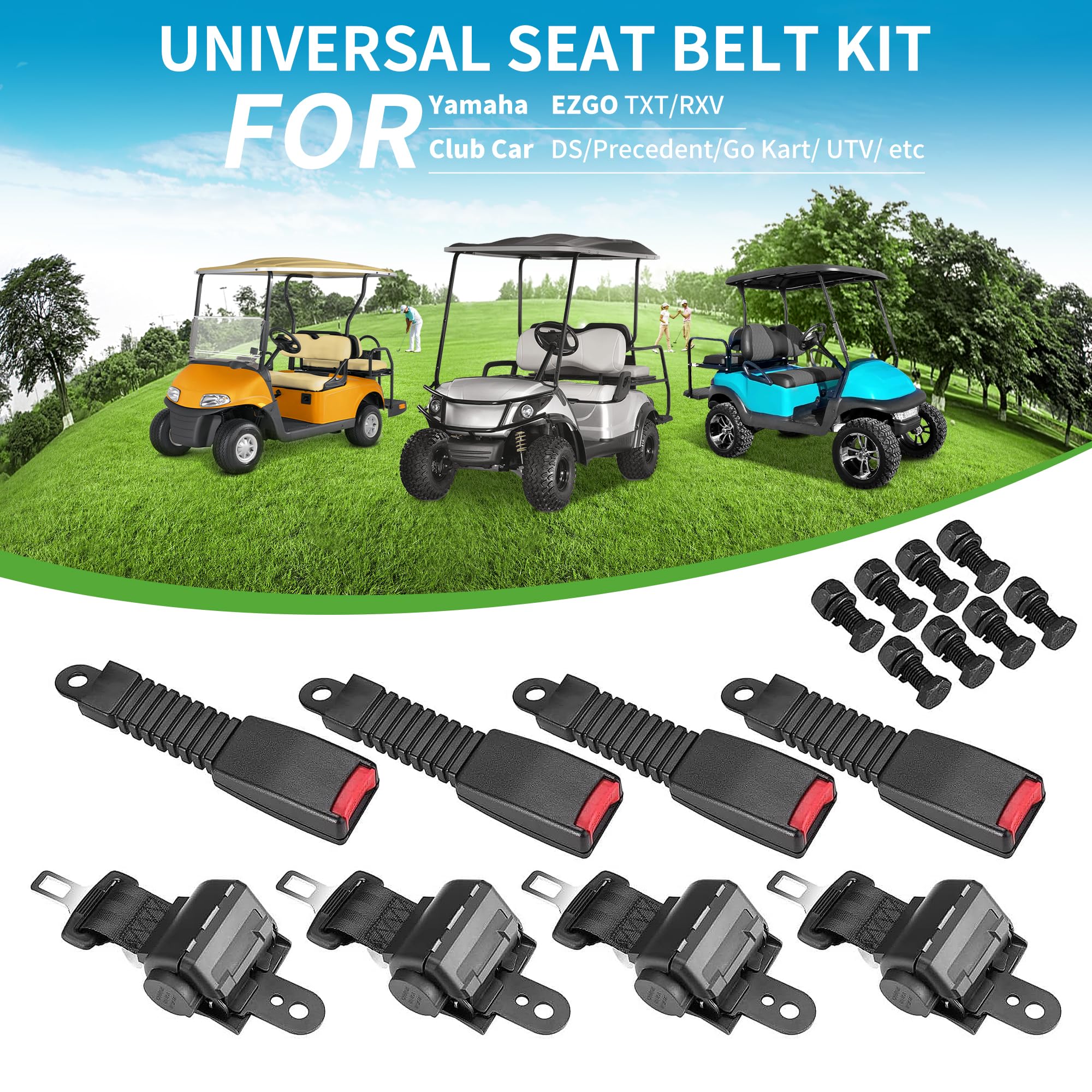 10L0L 4PCS Universal Retractable Golf Cart Seat Belt Kit for Yamaha, EZGO, Club Car, Fits Front Rear Seat (Not Include Bracket)