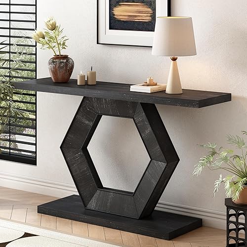Henf Mesa consola de 55 pulgadas moderna de madera para sofá de entrada detrás del sofá con acabado envejecido y base hexagonal hueca para pasillo,