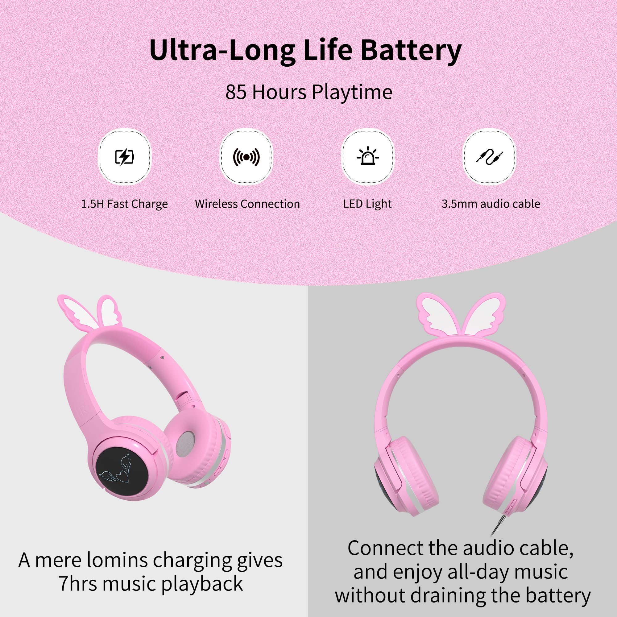 Cuffie wireless per bambini, volume limitato 85 dB, luci LED, batteria 40H, farfalla rosa