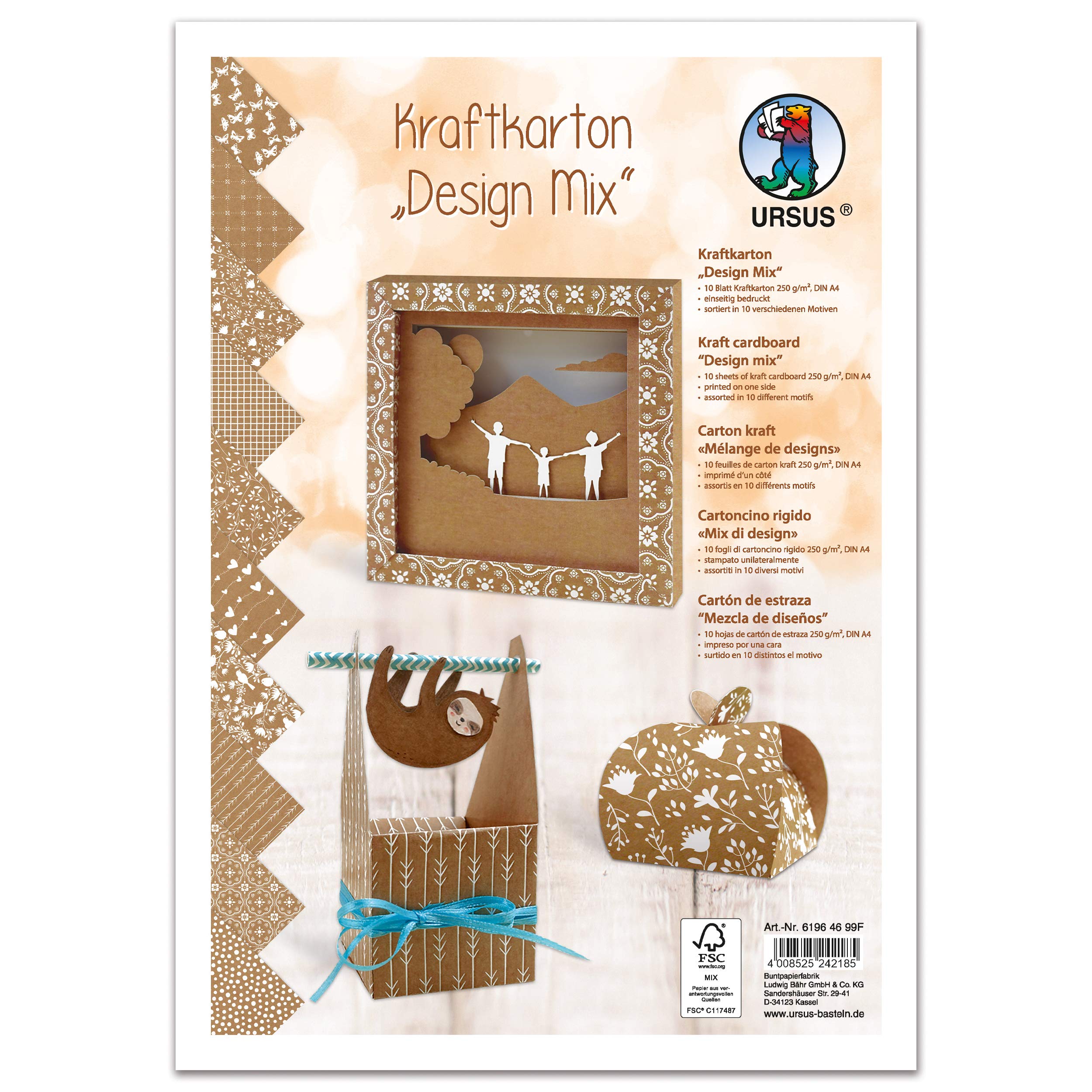 Ursus 61964699F Kraft Card Design Mix, DIN A4, 10 Sheets in Different Designs, 250 g/m², Printed on one side, Craft and Design of Cards, Envelopes, Labels, Pendants, Brown/White
