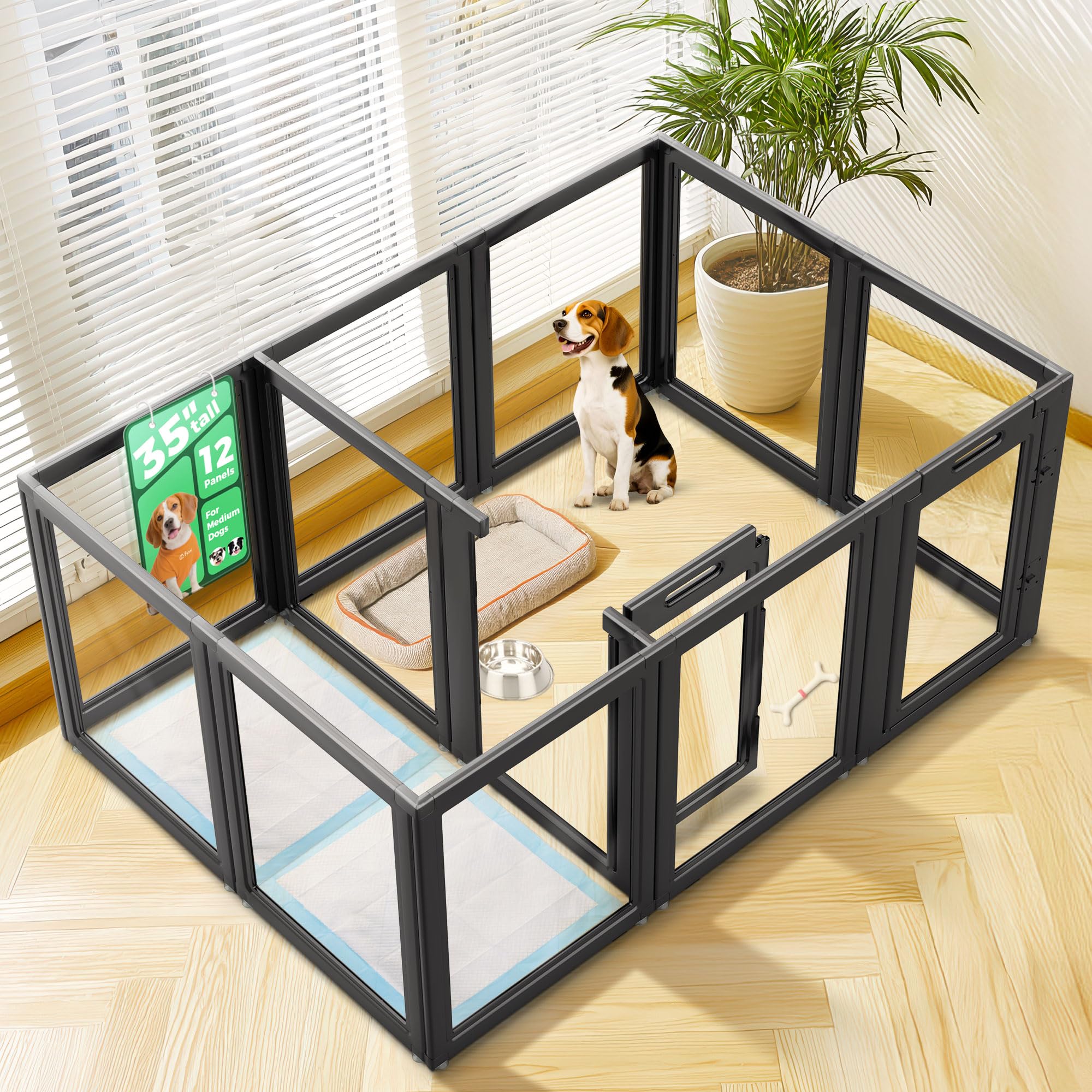 FXW AuraSpace Clear Acrylic Indoor Dog Playpen, 35" H, 12 Panels, Black